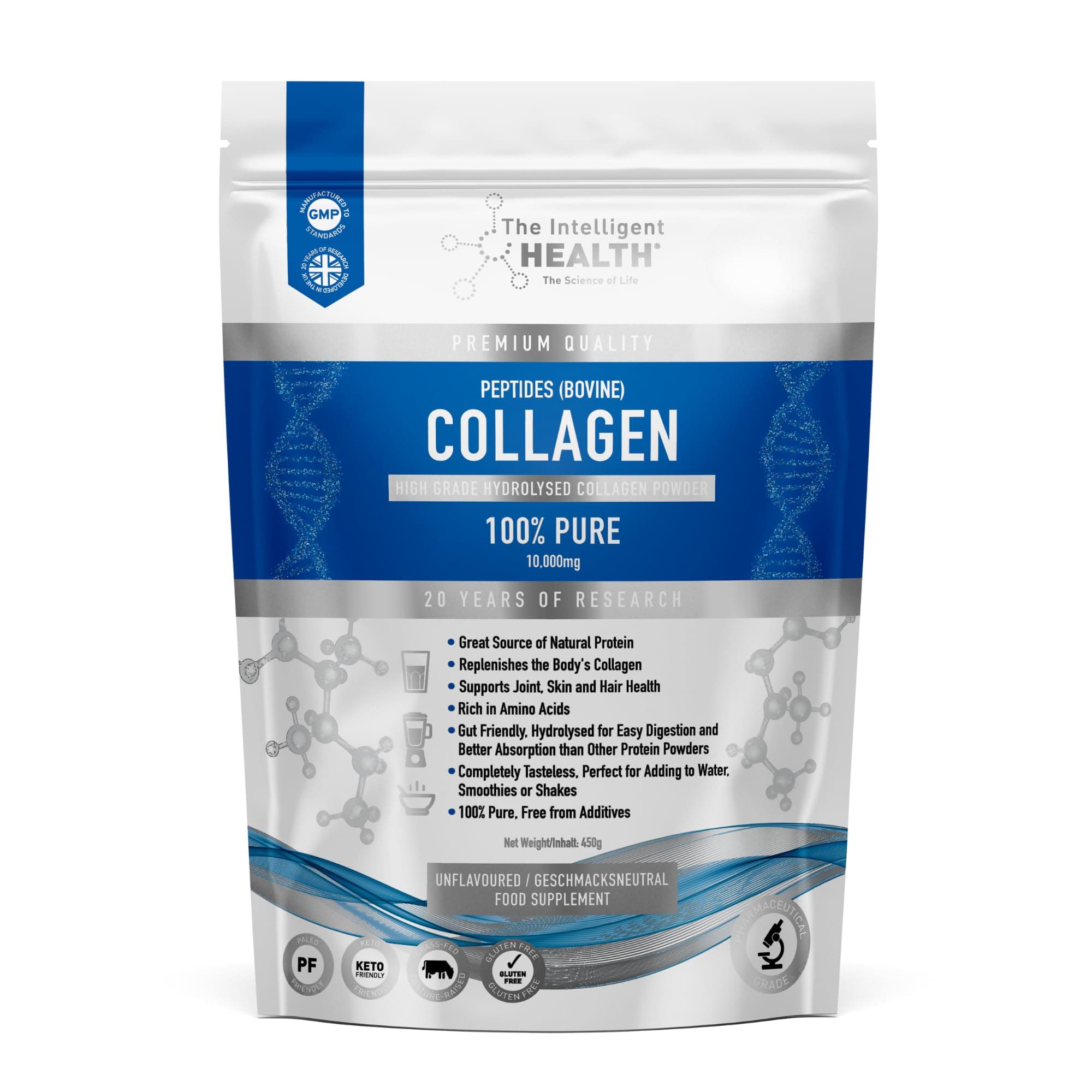 Collagen Powder, Hydrolysed Bovine Peptides, Unflavoured Protein Formula, Grass Fed, Collagen Supplement for Women & Men, 450g