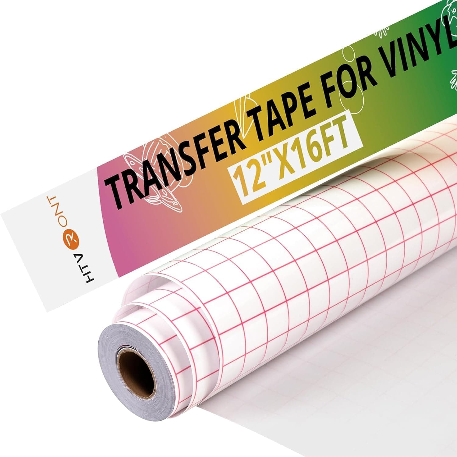 HTVRONT Transfer Tape for Vinyl - 12" x 16 FT (30.5 x 488CM) w/Red Alignment Grid Transfer Tape, Medium Tack Clear Transfer Paper for Permanent Vinyl and Self Adhesive for Signs Stickers, Decals