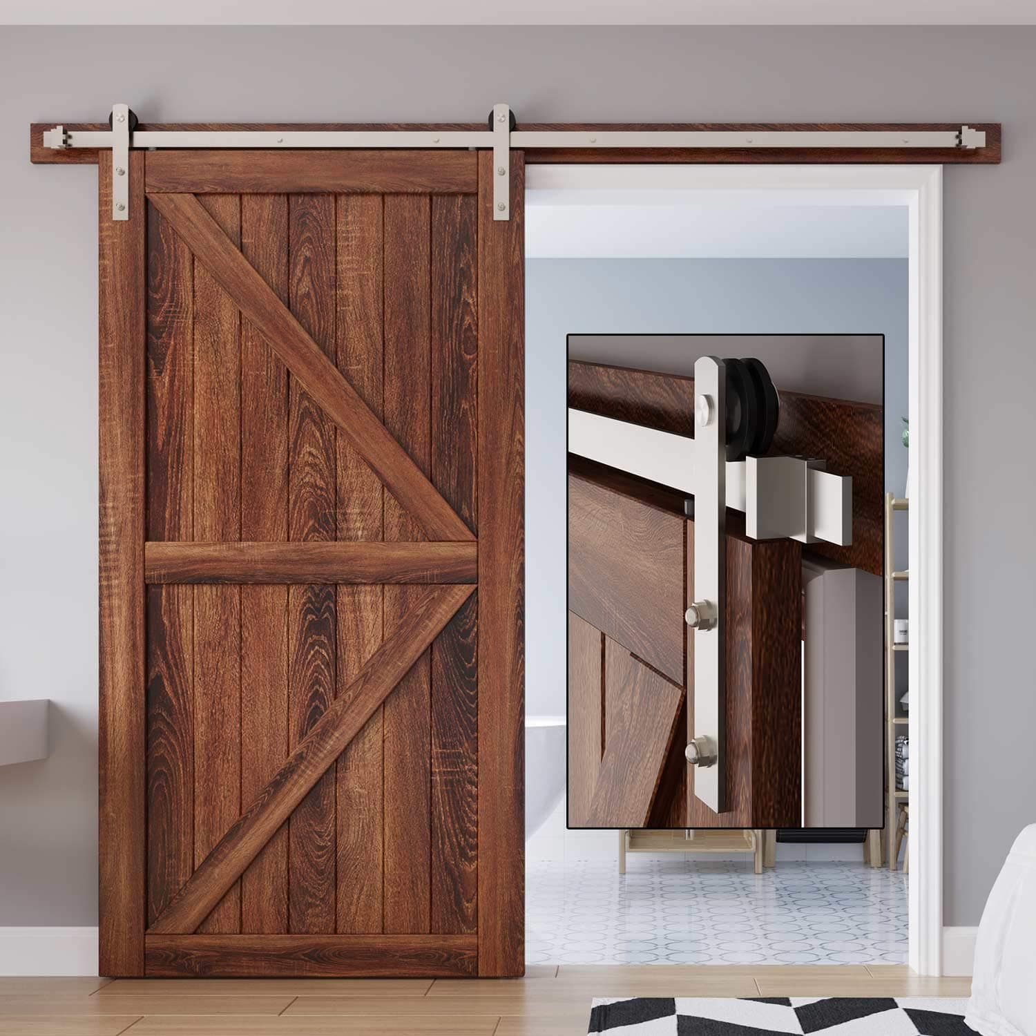 EaseLife 8 FT Brushed Nickel Sliding Barn Door Hardware Track Kit,Straight Pulley,Heavy Duty,Slide Smoothly Quietly,Easy Install (8FT Track Kit for 40"~48" Wide Single Door)