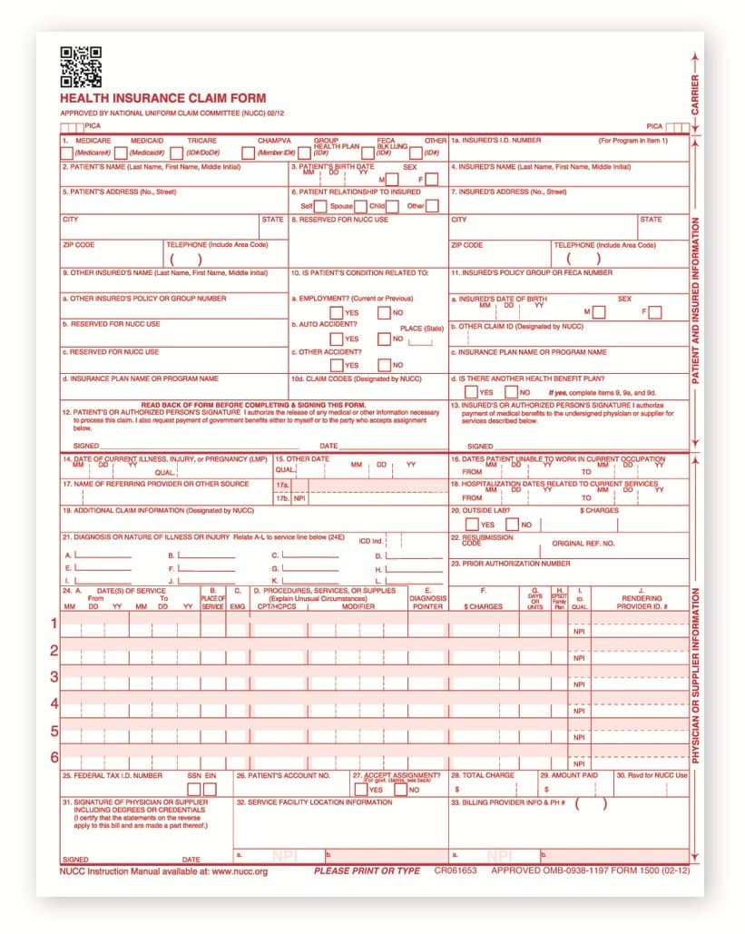 New CMS 1500 Health Insurance Claim Forms, HCFA Approved Version (02/12) - 1,000 Forms