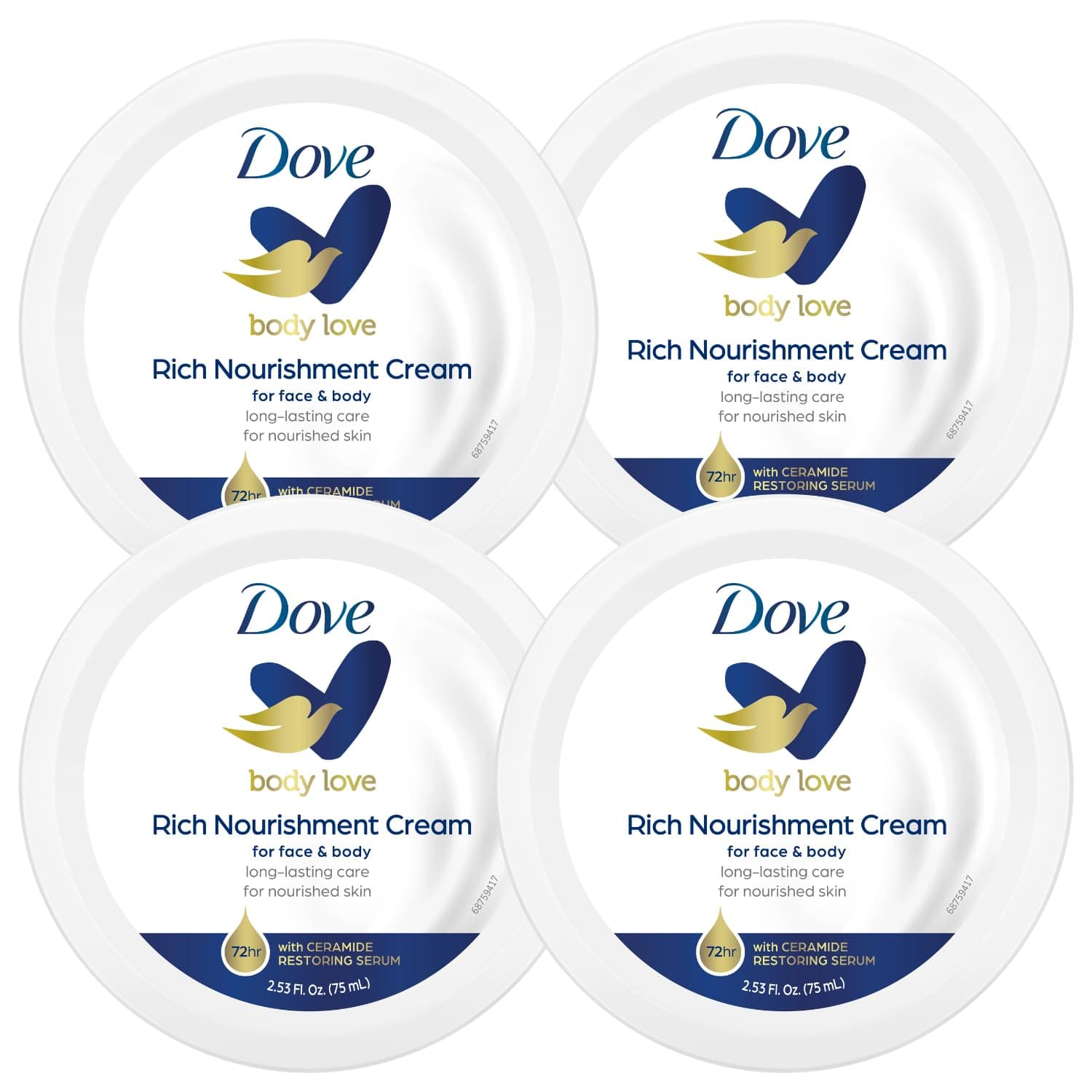 Nourishing Body Care, Face, Hand, and Body Rich Nourishment Cream for Extra Dry Skin with 48-Hour Moisturization, 4-Pack, 2.53 Oz Each Jar