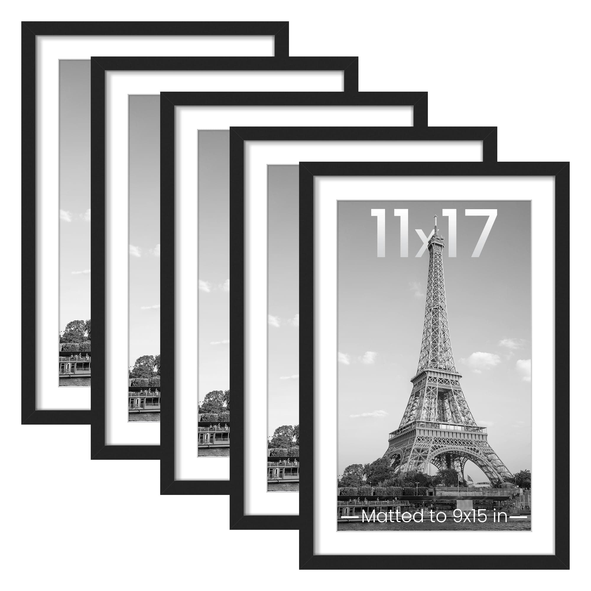 upsimples 11x17 Picture Frame Set of 5, Display Pictures 9x15 with Mat or 11 x 17 Without, Wall Gallery Poster Frames, Black
