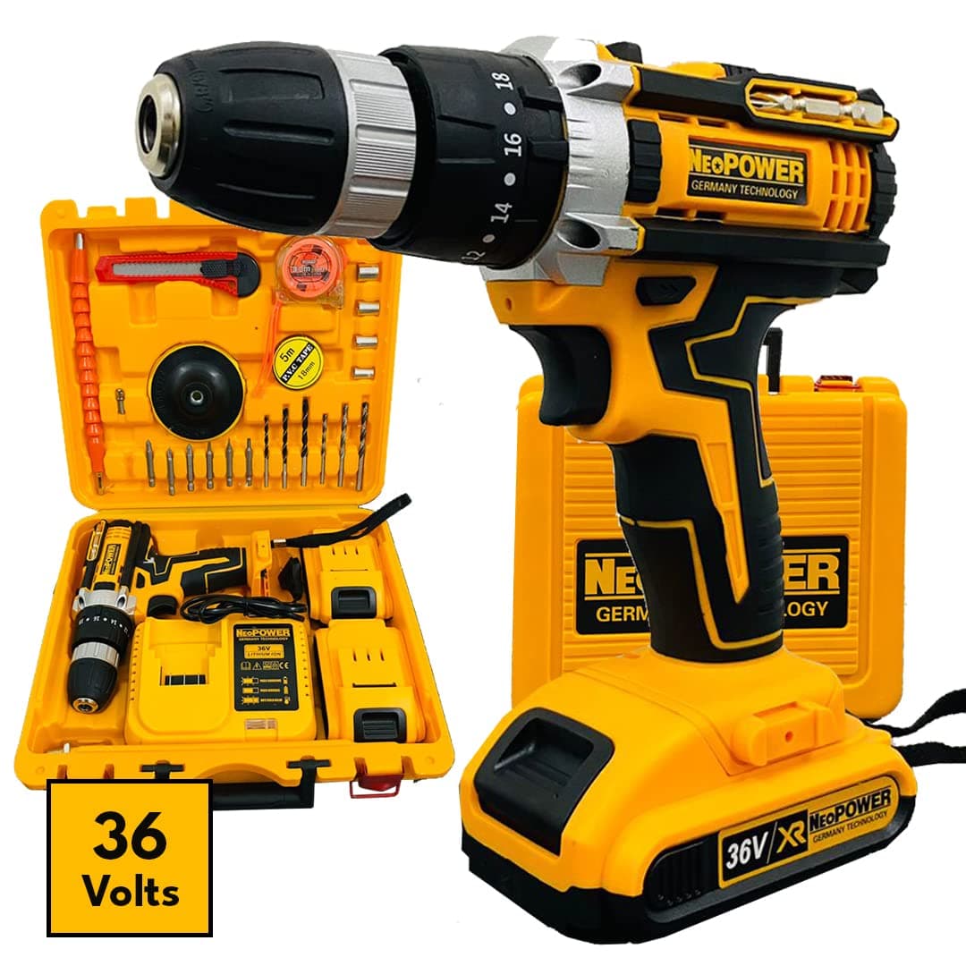 Cordless Drill Machine with 2 Batteries Chargeable 17 Pieces Bits In Kit Box, 36v