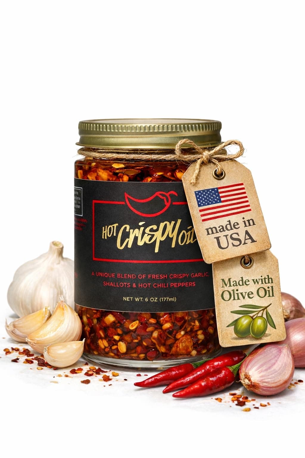 Hot Crispy Oil, An all natural unique blend of fresh fried shallots, fresh garlic and a proprietary blend of three different chili peppers. Highly addictive.
