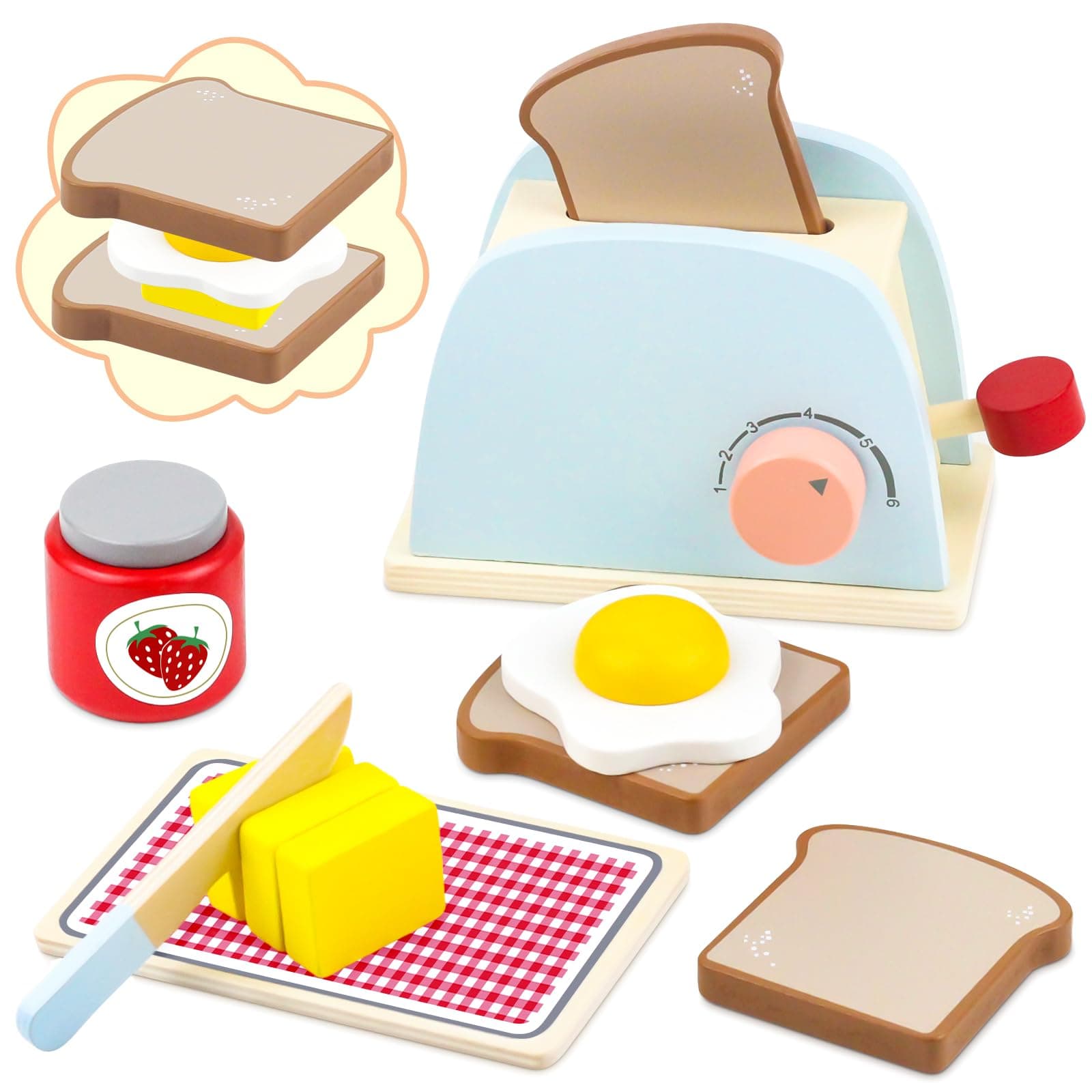 Airlab Play Kitchen Accessories Toddlers 1-3 Wooden Pop-up Toaster Toy Play Food Kids Age 1 2 3, Bread, Butter, Poached Egg Cutting Pretend Toys for 2-4 Year Old Toddlers Boys Girls
