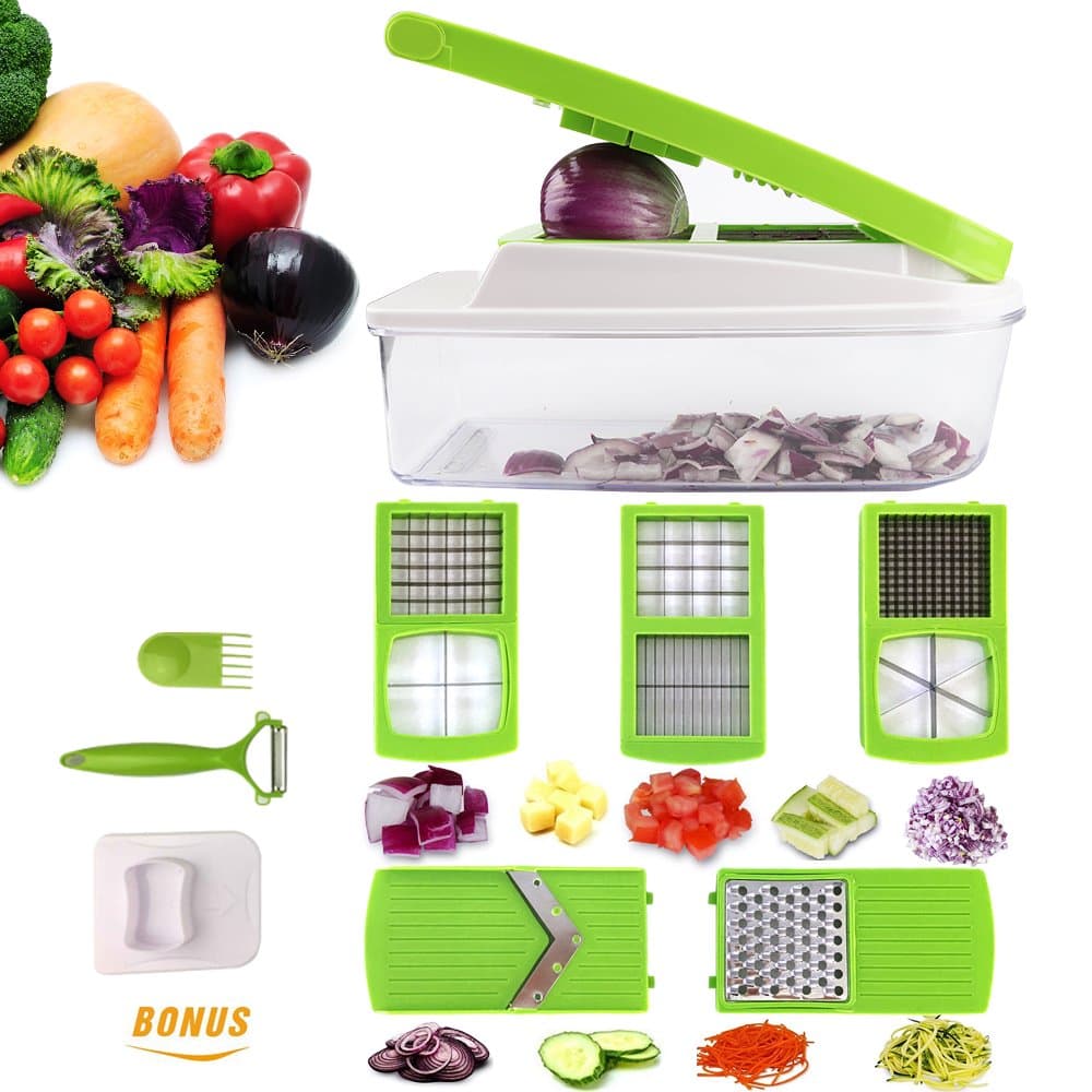 Vegetable Chopper, Lybmi Vegetable Slicer Dicer 12 in 1 Mandoline Slicer Food Chopper Cheese Grater Cuber Cutter for Onion Potato Veggies Fruit - 8 Types Blades Extra Vegetable Peeler