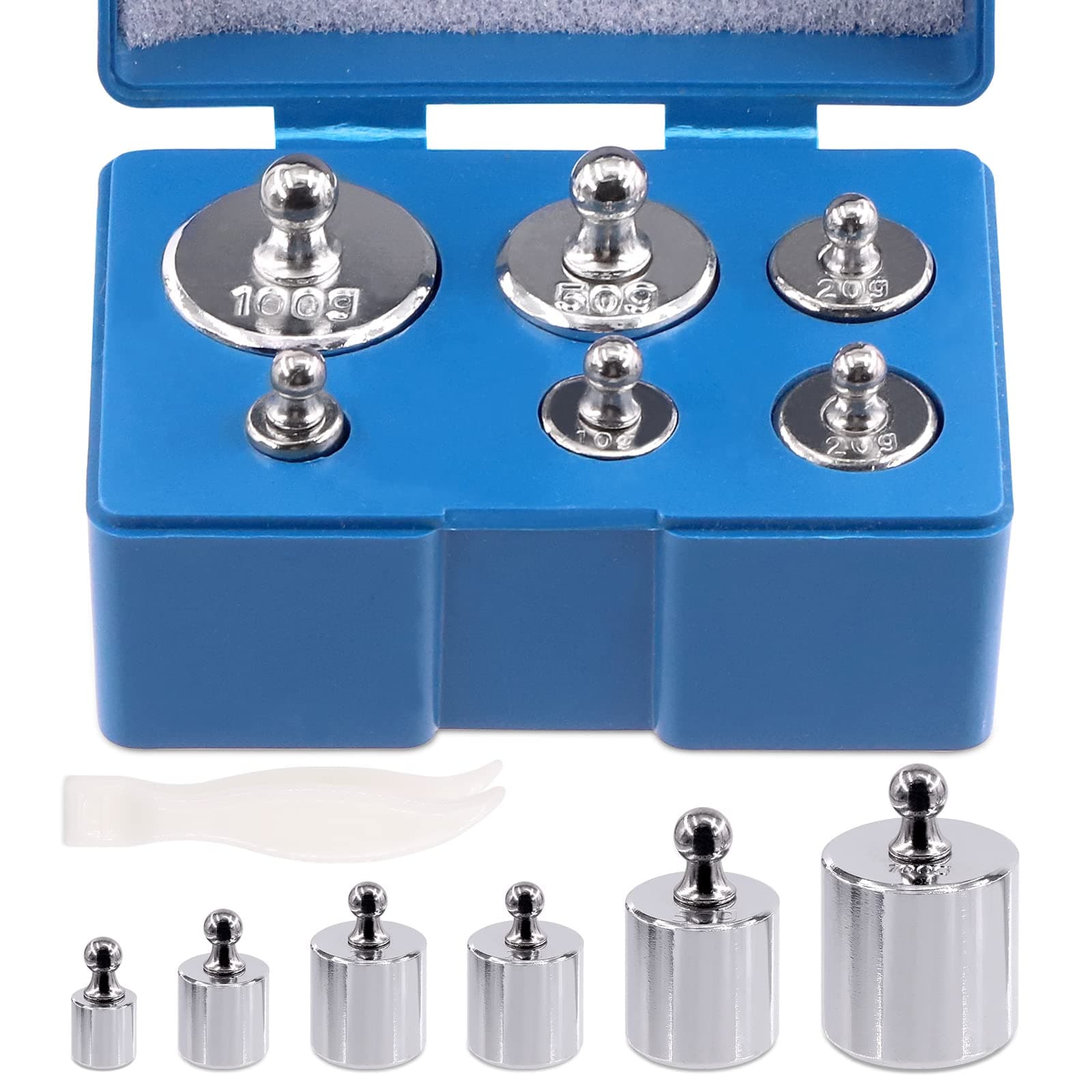 7 Pcs Precision Scale Calibration Weight Set, 5g 10g 2x20g 50g 100g Grams Steel Weights Calibration with Tweezers for Digital Balance Scale, Jewellery Scale, M2 Class( Total 200g)