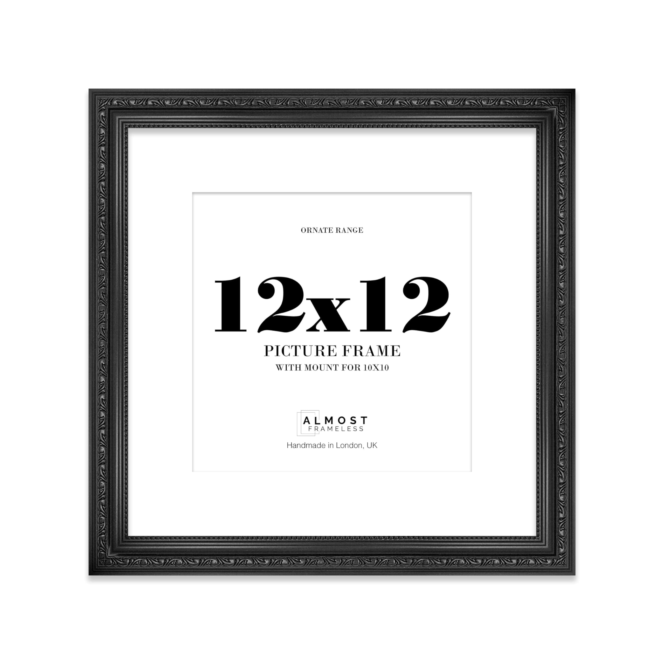 12x12 Black Ornate Photo Frame With White Mat For 10x10 Picture, Ready to Hang or Stand, 1 Pack