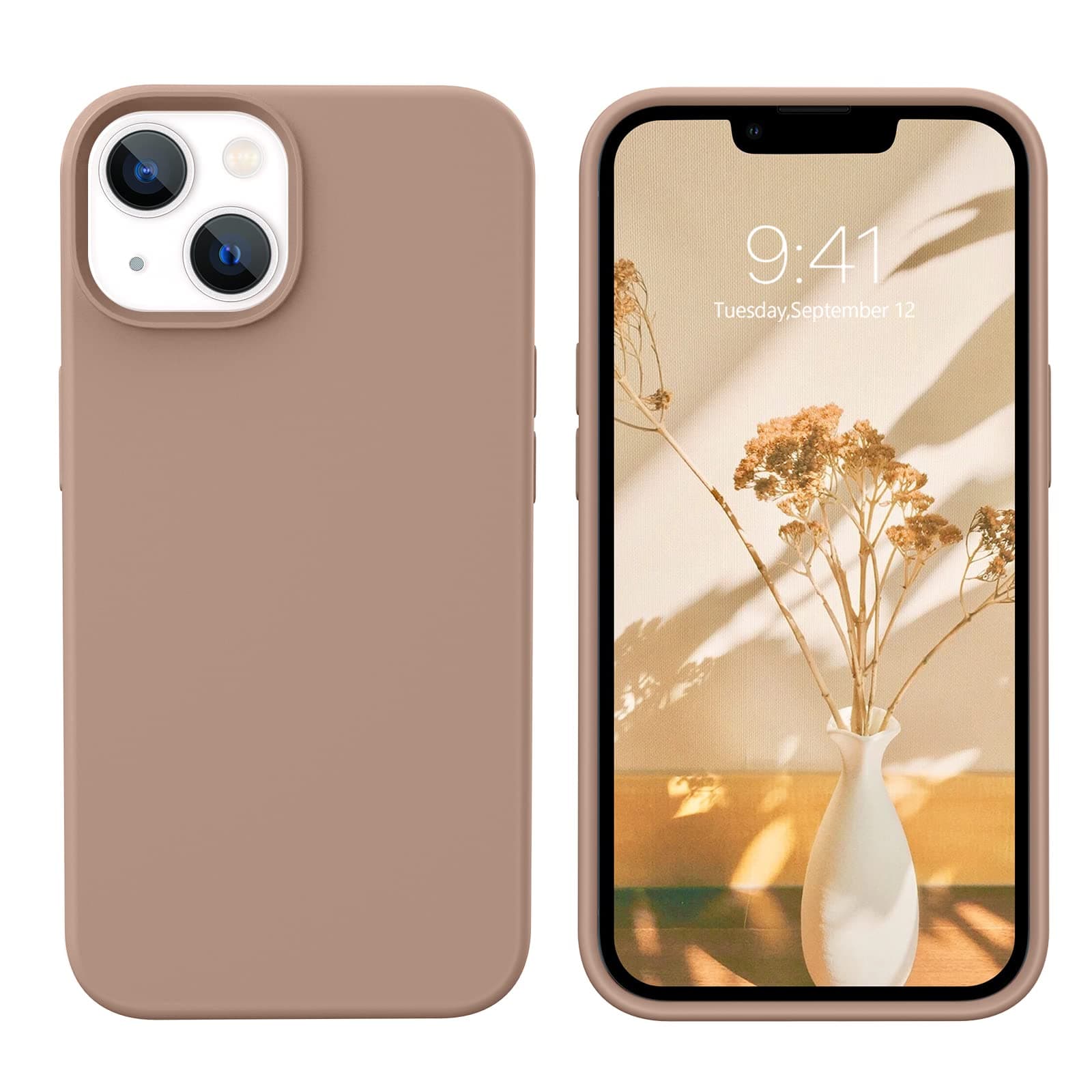 GUAGUA Compatible with iPhone 13 Case 6.1 Inch Liquid Silicone Soft Gel Rubber Slim Thin Microfiber Lining Cushion Texture Cover Shockproof Protective Phone Case for iPhone 13 Khaki