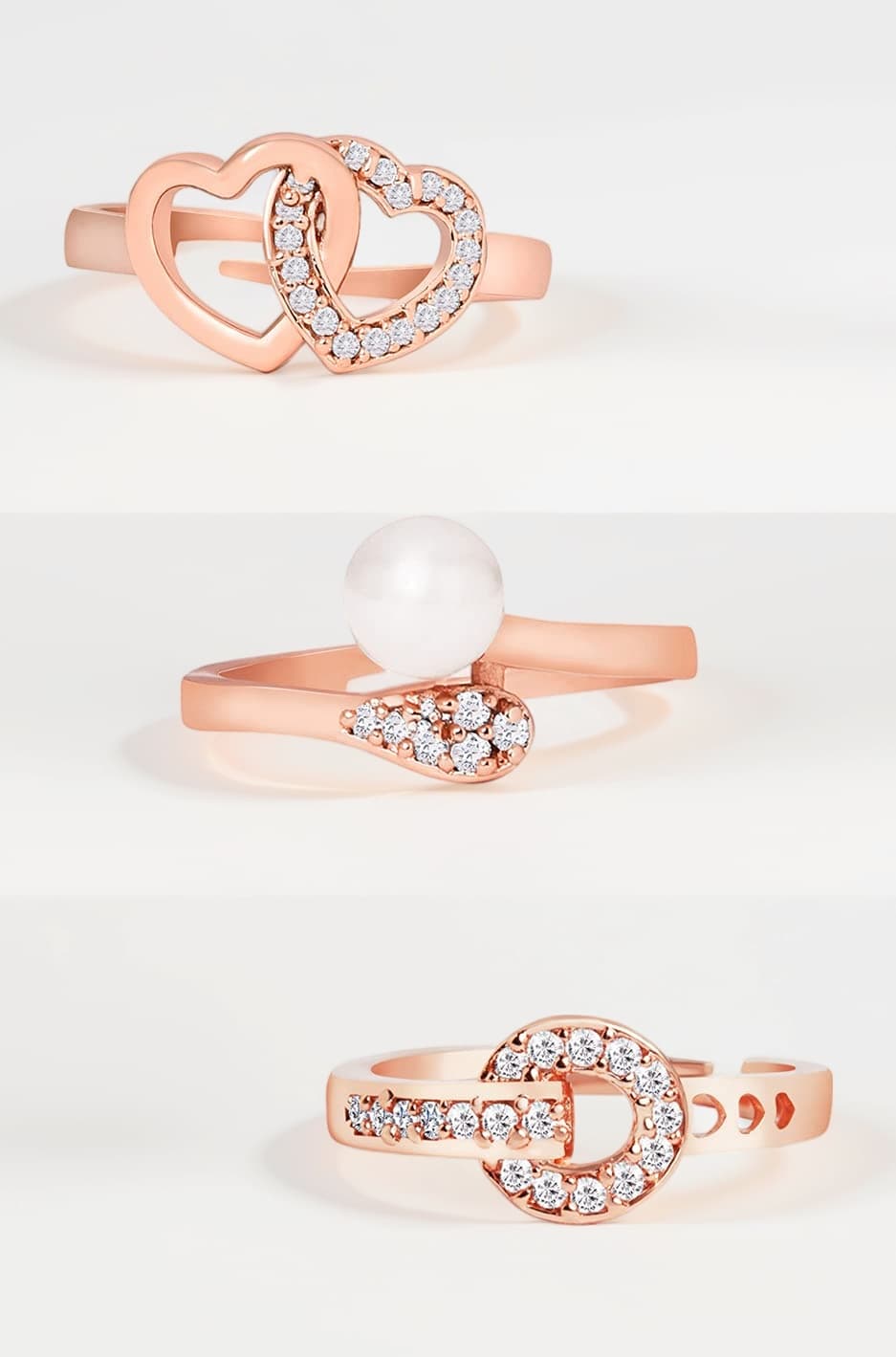 Set of 3 Rose Gold Contemporary Cubic Zirconia Brass Adjustable Rings For Women-ZPFK11176