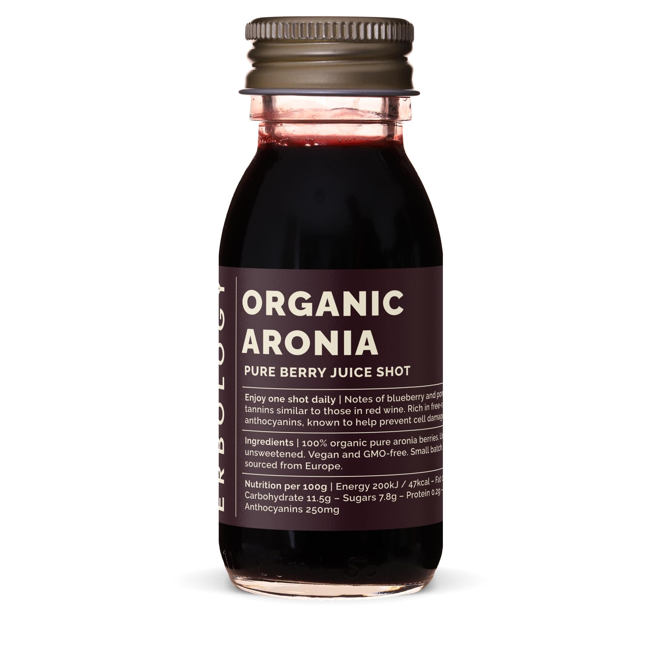 Erbology Organic Aronia Berry Juice 12 Daily Shots (2 fl oz) - Glowing Skin - Rich in Anthocyanins - Straight from Farm in Europe - Undiluted - No Added Sugar - Non-GMO - Recyclable Glass Bottle