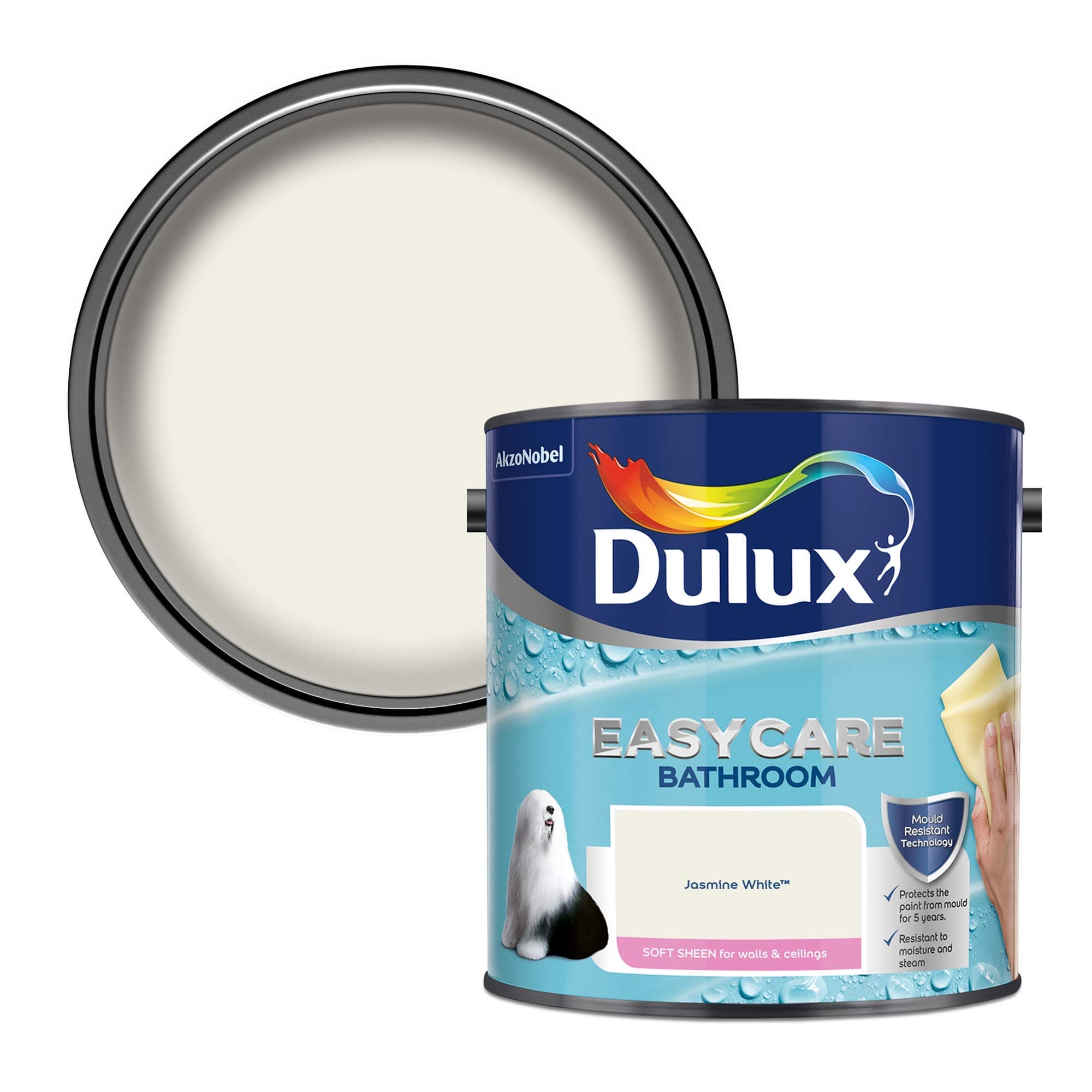 Dulux 500001 Easycare Bathroom Soft Sheen Emulsion Paint For Walls And Ceilings - Jasmine White 2. 5 Litres