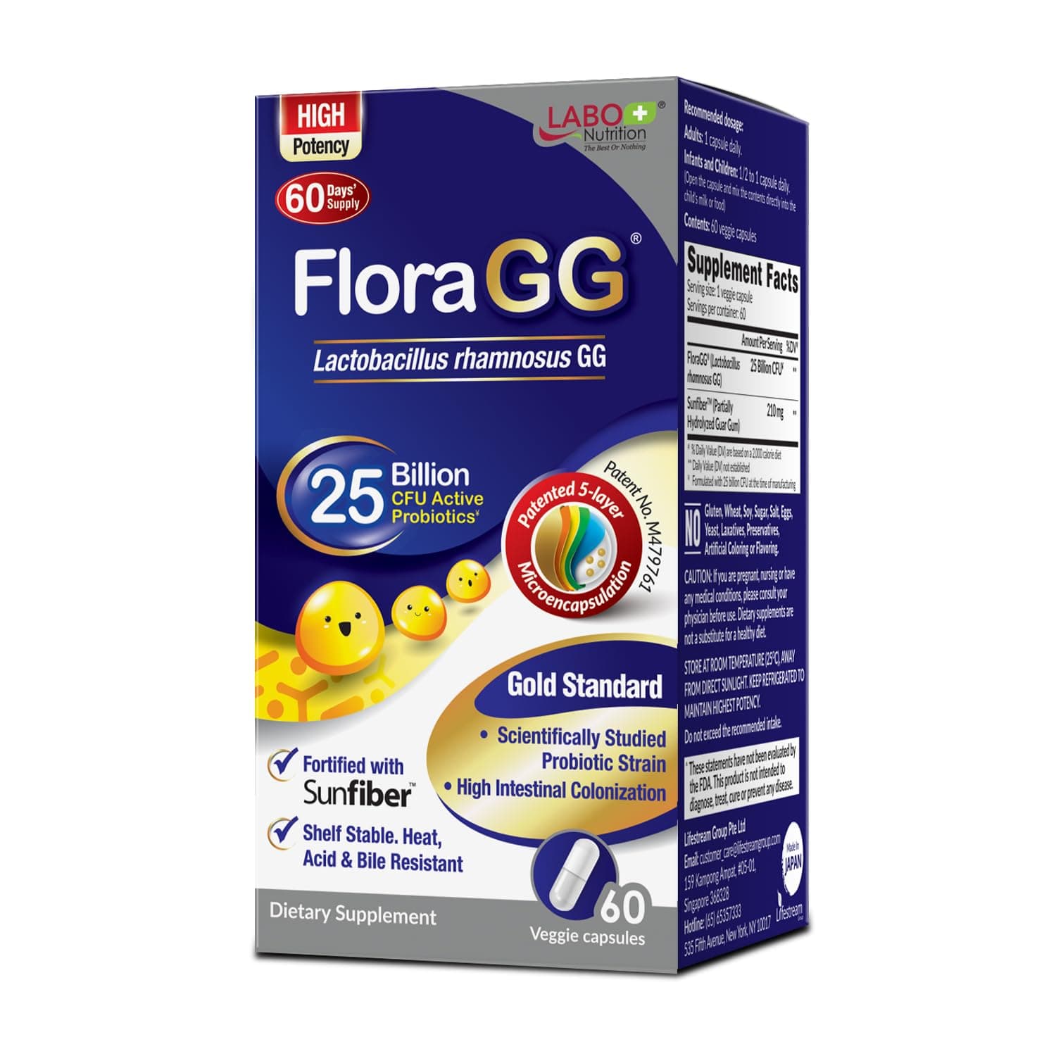 FloraGG, Lactobacillus Rhamnosus GG 25 Billion CFU Active Probiotics and Sunfiber Prebiotic Fiber Supplement, Support Healthy Intestinal, Immune Health| Non-GMO & Gluten Free – 60s