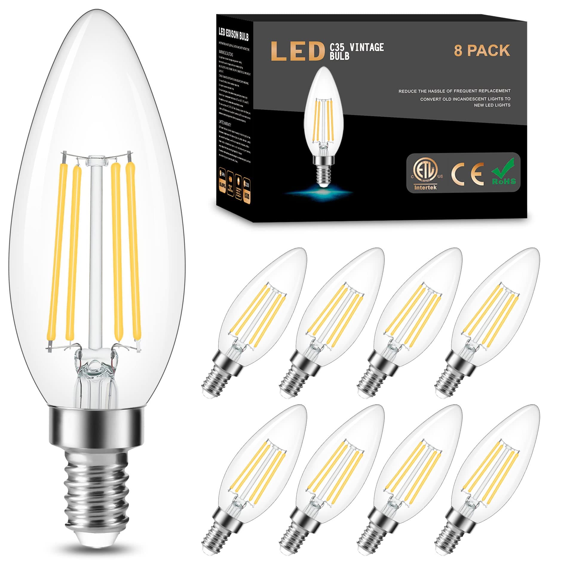 Cotanic Dimmable E12 LED Candelabra Bulb 4000K Daylight, Ceiling Fan Light Bulbs Small Base,60W Equivalent,Type B Bulb for Chandelier,Vintage B11 LED Candle Shape with Clear Glass,600LM,8 Pack