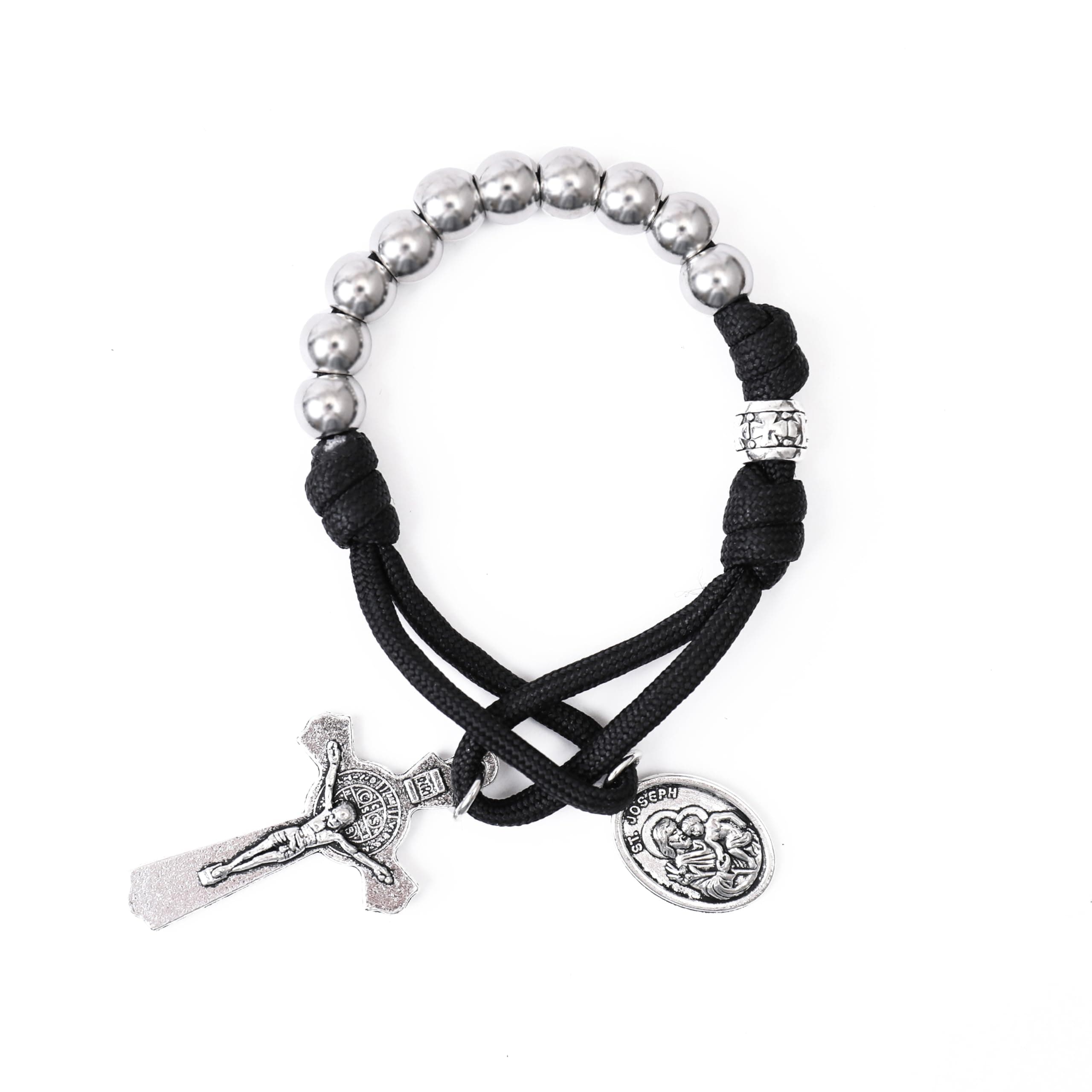 Strong Military One Decade Paracord Rosary Silver Beads Pocket Car Rosary Pray For Us St. Joseph Medal & St. Benedict Cross