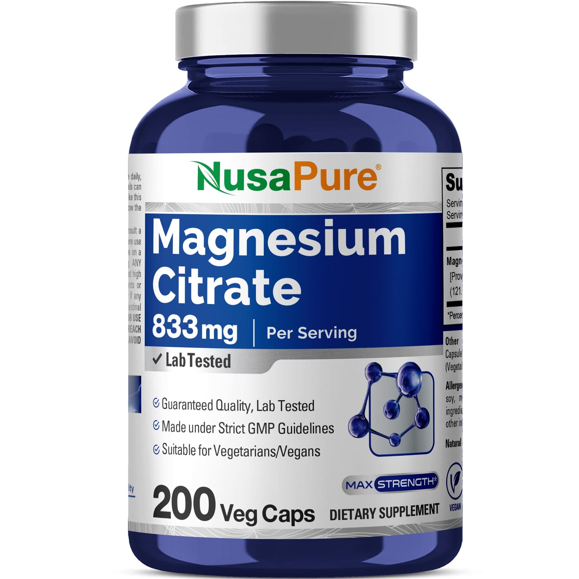 Magnesium Citrate 833mg - 200 Veggie Capsules (Vegetarian, Non-GMO, Vegan)