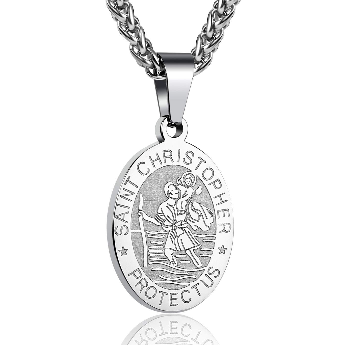 P. BLAKE Oval Saint Christopher/Michael/Joseph/Jude/Virgin Mary/Joseph/Francis/Patrick/Anthony/Benedict/Thomas Necklace for Men Women, Stainless Steel Catholic Patron Pendant with Chain 24 Inches