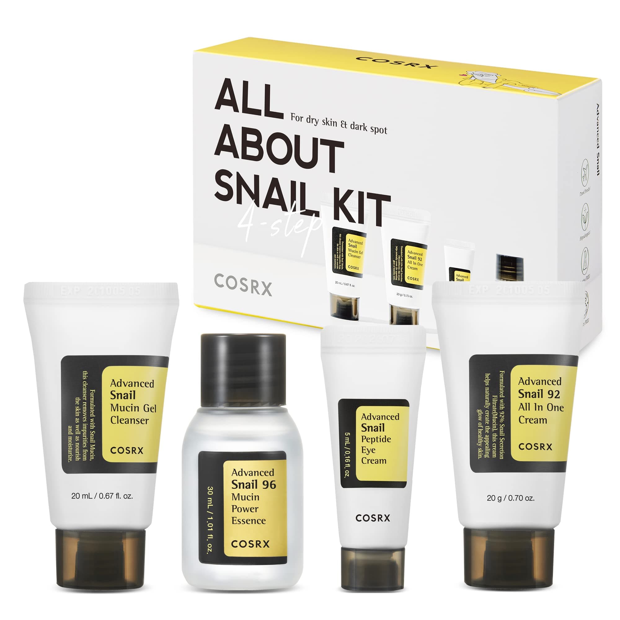 - COSRX All About Snail Mucin Korean Skin Care Set, Mini Travel Essentials, Travel Size Gift Set with Snail Mucin Face Wash, Serum, Moisturizer & Eye Cream, Rejuvenating Kit