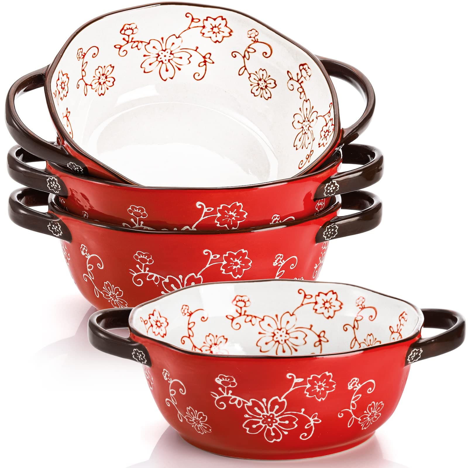AVLA 4 Pack Ceramic Soup Bowls, 22 Ounces Porcelain Serving Bowl Set with Doundle Handle, Large Ceramic Crocks for French Onion Soup, Stew, Pasta, Cereal, Pot Pies (Red)