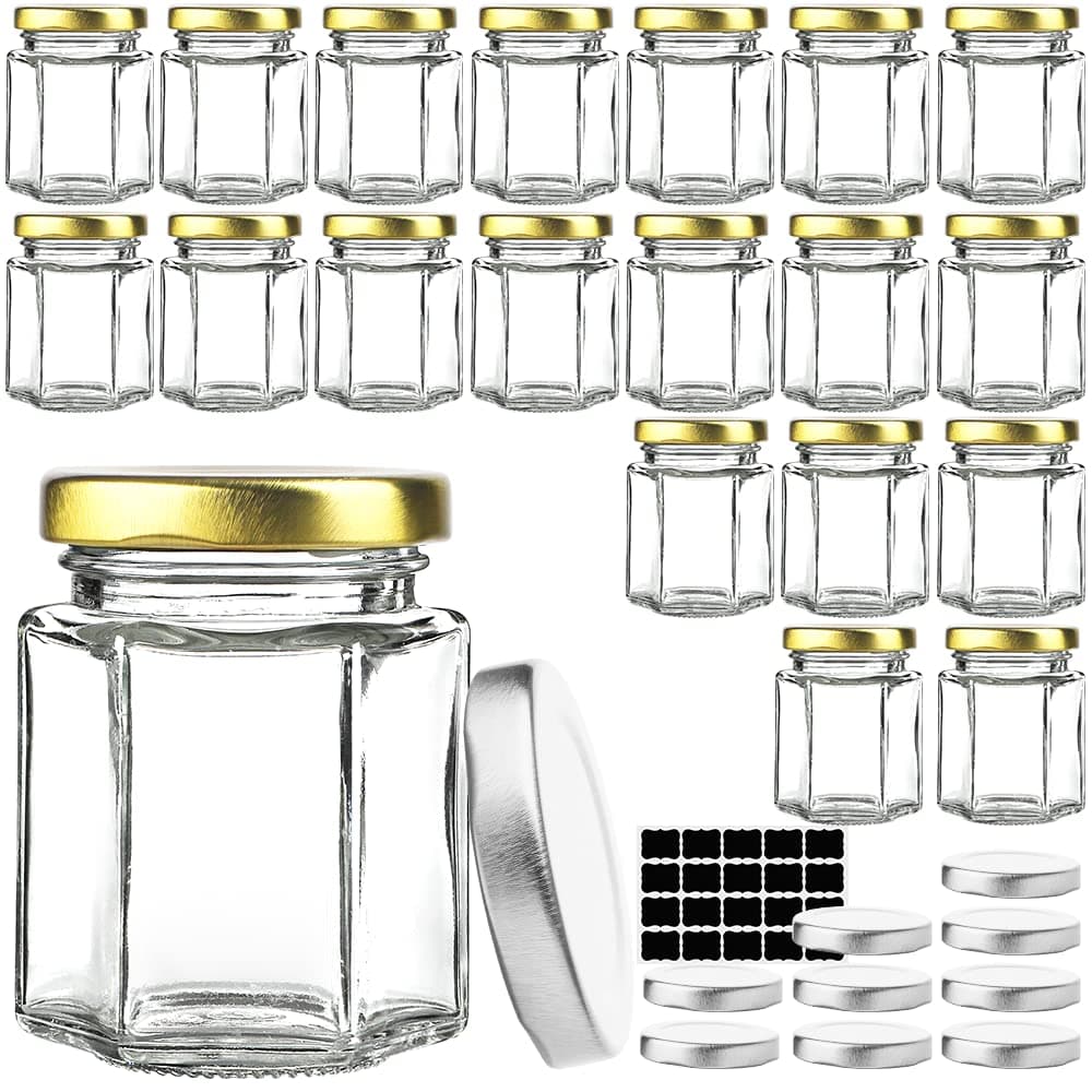 Syntic 20 Pcs 4 oz Hexagon Jars/Glass Jars with Gold Lid, Canning Jars for Wedding, Party Favors, Extra 10 Silver Lids, Chalkboard Labels