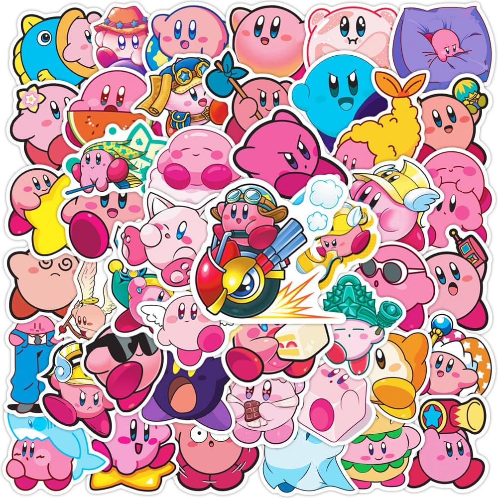 50pcs Cool Cartoon Game Kirby Stickers for Kids Teens,Cartoon Kirby StarSticker for Water Bottle,Vinyl Waterproof Label Stickers for Laptop - Stickers Gift for Notebook CarBicycle
