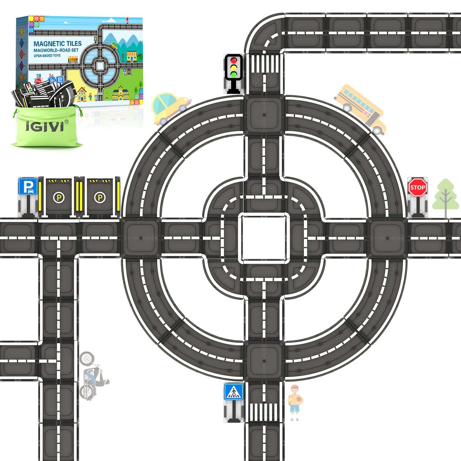 Magnetic Tiles Road Set, Roads Expansion Pack, Magnetic Blocks Building Toys for Toddler, Creative Montessori Toys for 3+ Year Old Boys & Girls, Ideal Gifts for Kids Ages 3-5 5-7