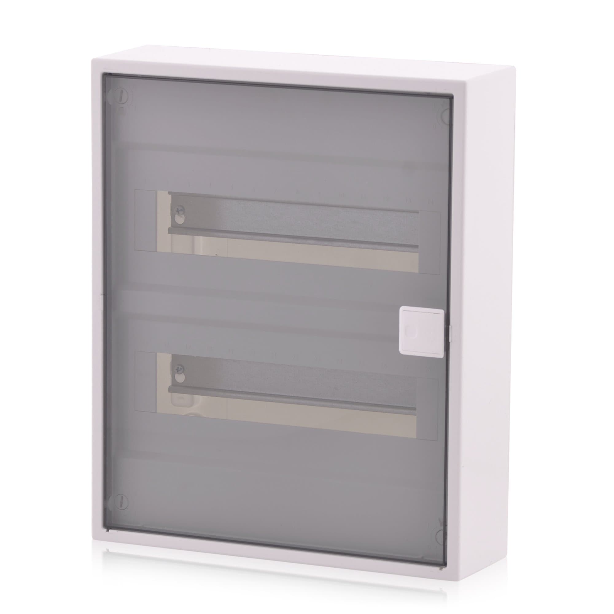 Fuse Box 2 Rows for 24 modules Surface Mounted with DIN Rail Transparent Door IP40 for Dry Room Installation in The House