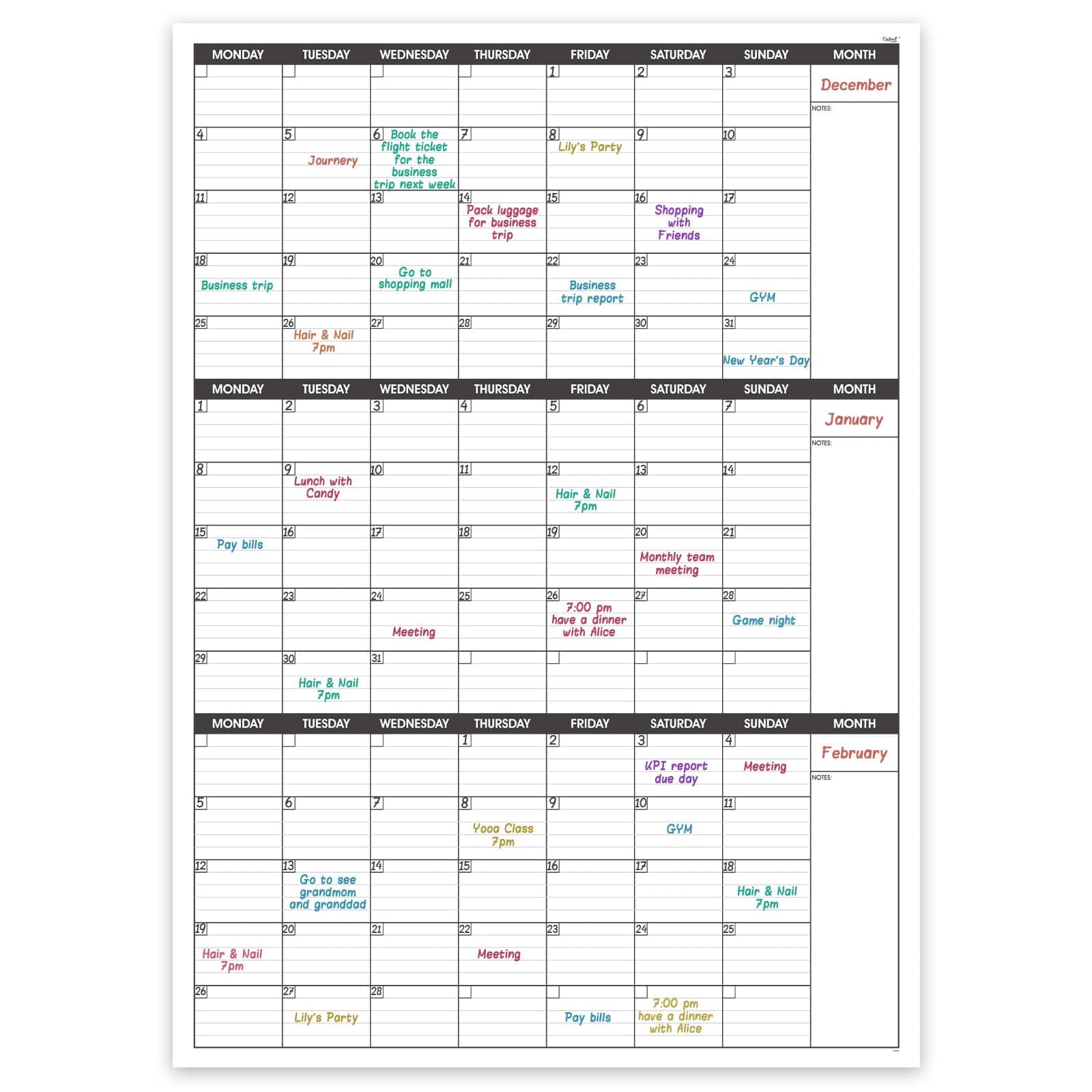 Large Wall Calendar Undated - Three Monthly Dry Erase Reusable Wall Planner,Giant Laminated Poster,Goal & Task Organizer Your Home,Office,School - Includes 4 Sticker Dots,101 cm X 73 cm…