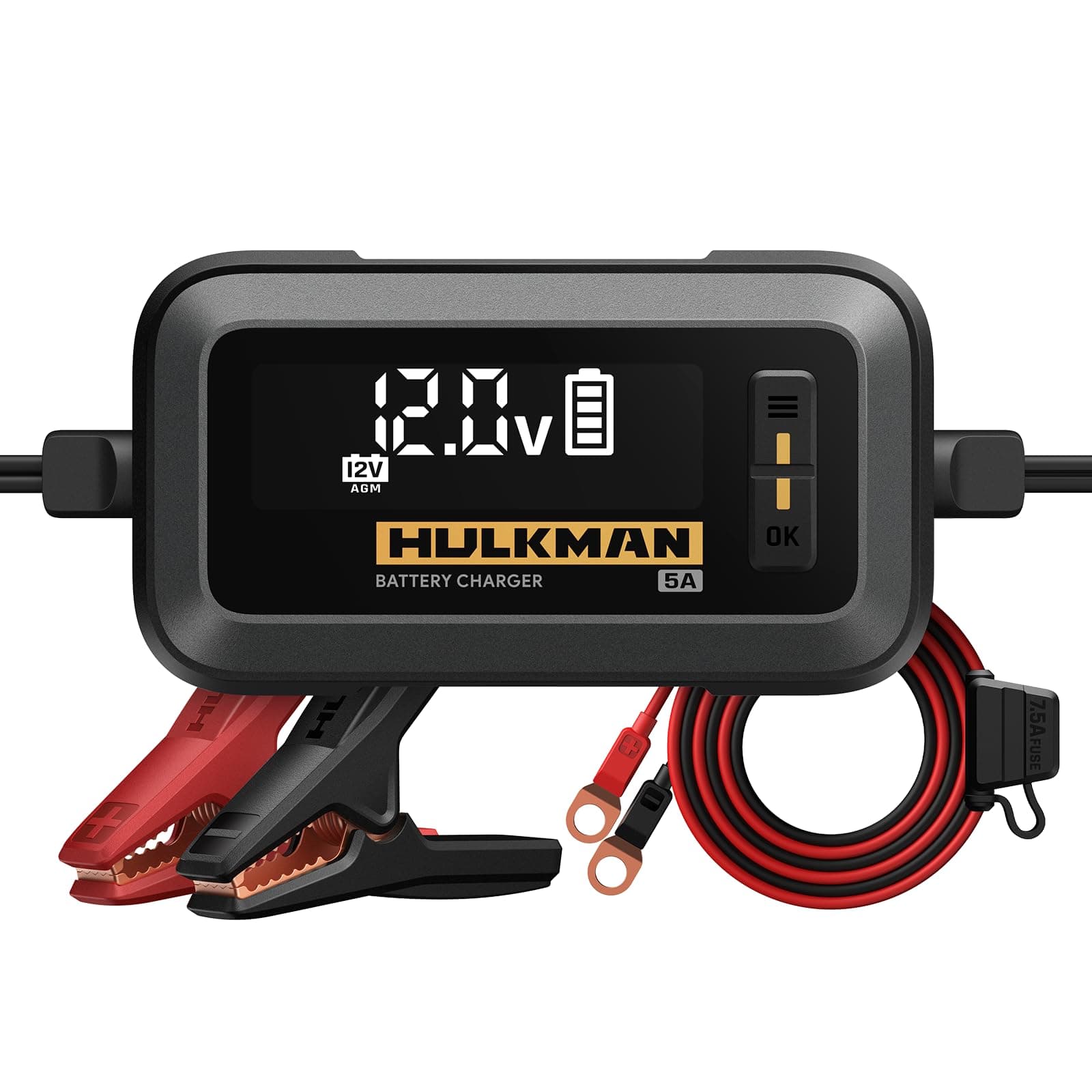 Hulkman Sigma 5, 5A Car Battery Trickle Charger, 12V and 6V Smart Charger, LiFePO4 and Lead-Acid Battery Automotive Maintainer with 3.2-in LED Display for Automobile, Motorcycle, ATV