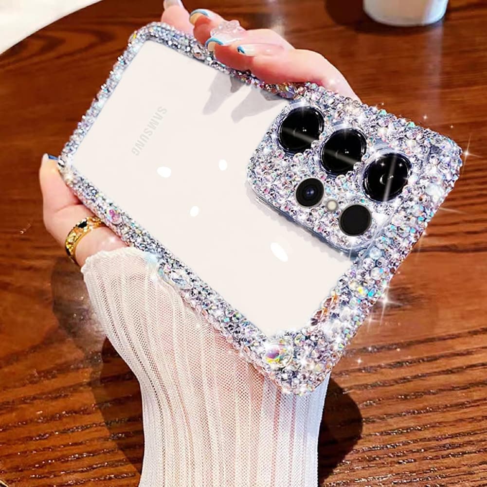 Cavdycidy Compatible with Samsung Galaxy S23 Ultra Bling Clear Case for Women,Glitter Phone Case with Sparkle Rhinestone Diamond Camera Protection,Airbag Anti-Fall Crystal Hard Cover for Girl