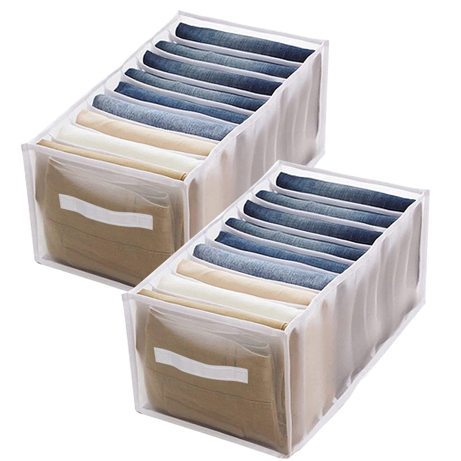 Yotako 2Pcs Closet Drawer Organisers, 9 Grids Jeans Storage Box with Compartments, Foldable Drawer Divider, Nylon Dresser Wardrobe Clother Organiser for Baby Clothes, Leggings, T-shirt, Jeans(White)