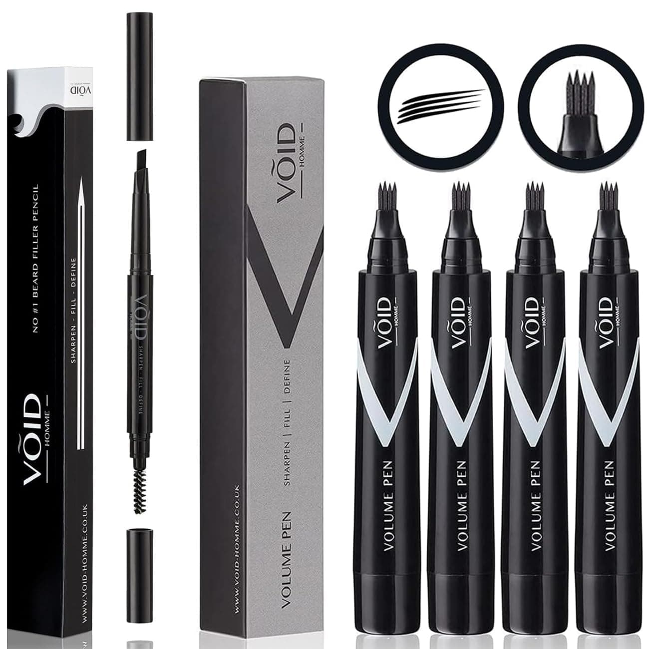 VOID Homme Beard Pen Filler for Men (Pack of 4) with Beard Pencil, Easy Beard Pen Liner, Beard Filler Pen for Beard Filling Pen Kit & Beard Marker, Waterproof Pen (Black)