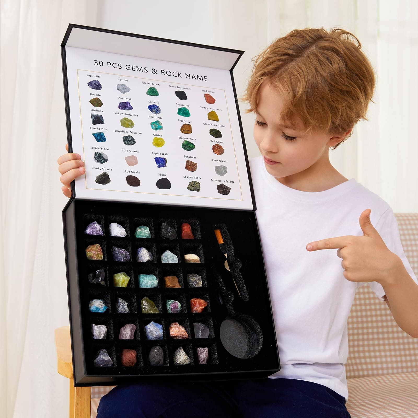 YXZZWL Rock Collection for Kids - 30 Pcs Rocks, Gemstones & Crystals Kit with Learning Guide,Mineral Education Set Geology Science STEM Toys, Earth Science Activity,Gifts for Boys & Girls