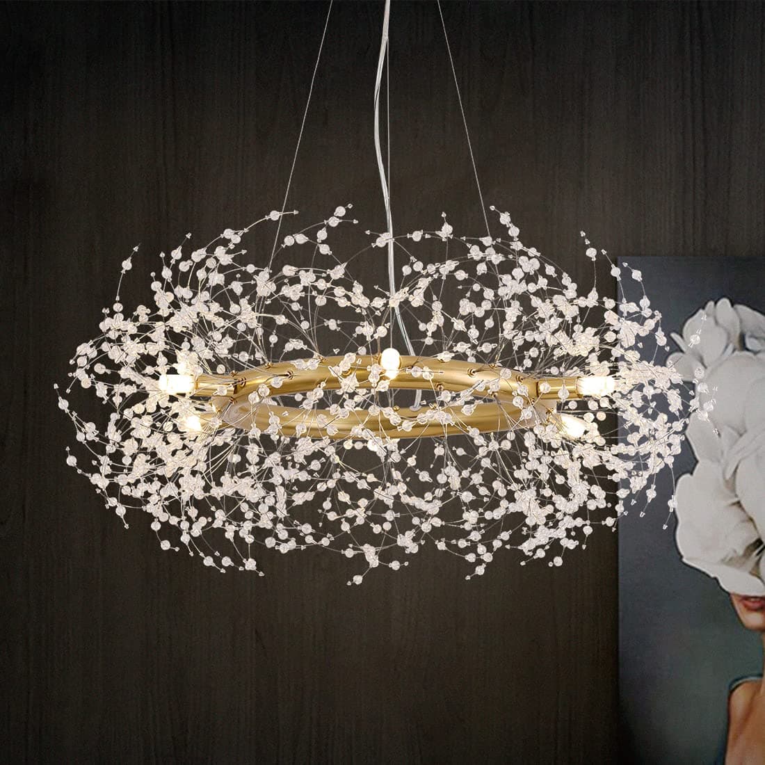 Macarena Modern Crystal Gold Chandelier Dinning Room Light Fixture Firework Round Pendant Hanging Lighting for Bedroom Living Room Closet Bathroom Kitchen