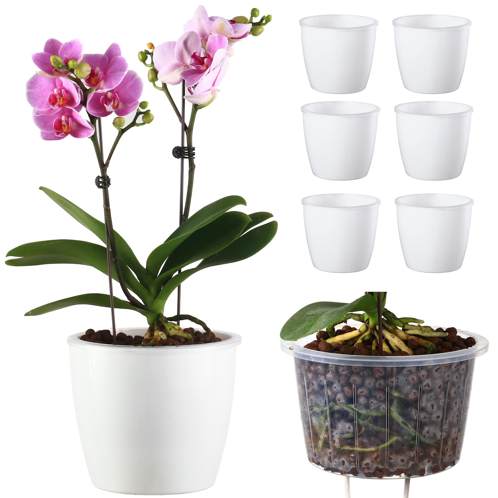 6 Pack 6.7" Self-Watering Planters Flower Pots for Indoor Garden Devil's Ivy, African Violet, Ocean Spider Plant, Orchid, White Color