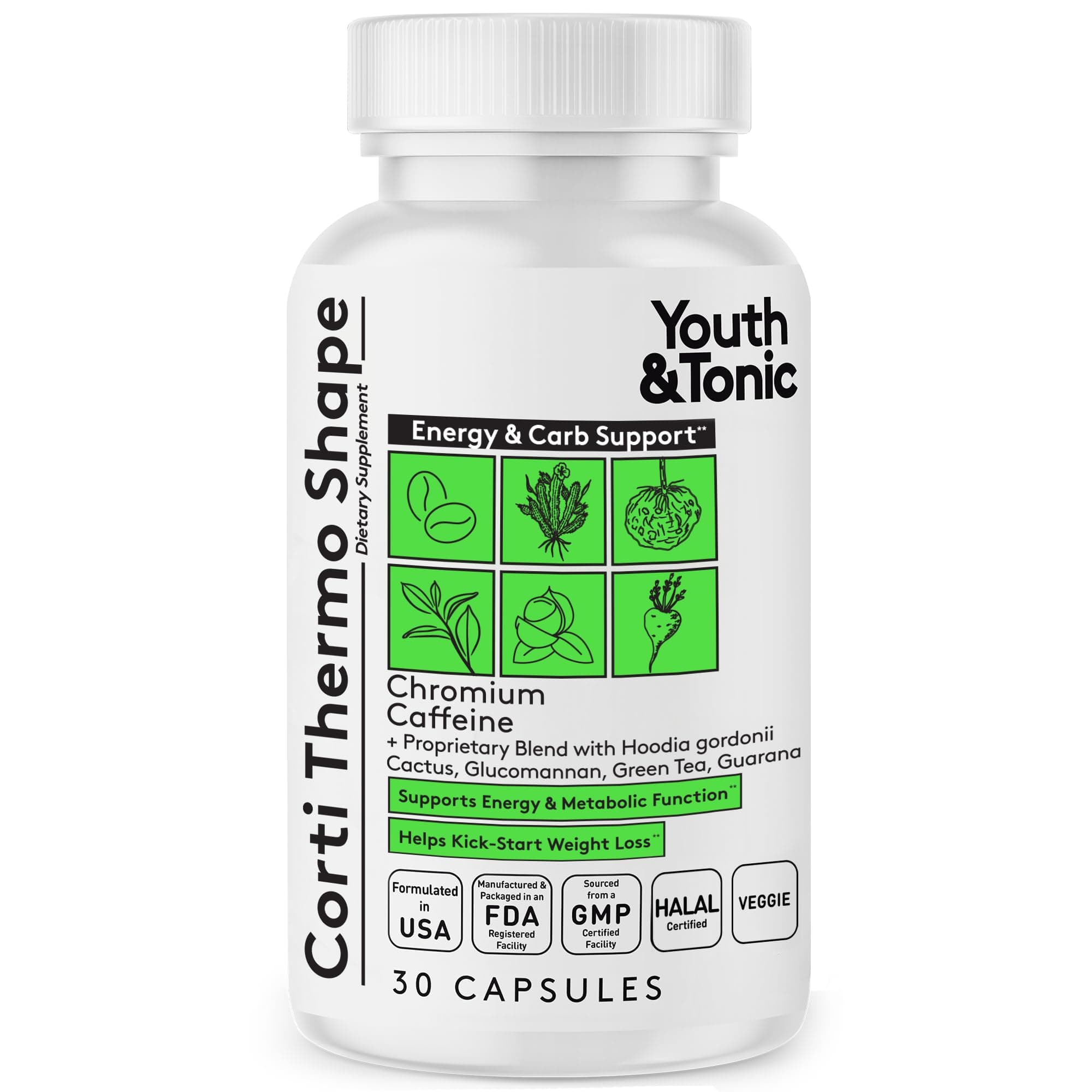 Youth & Tonic Thermogenic Supplement 30 Capsules as Advanced Diet Support for Energy Metabolism Focus for Men and Women with Caffeine Chromium Glucomannan Guarana Hoodia Gordonii