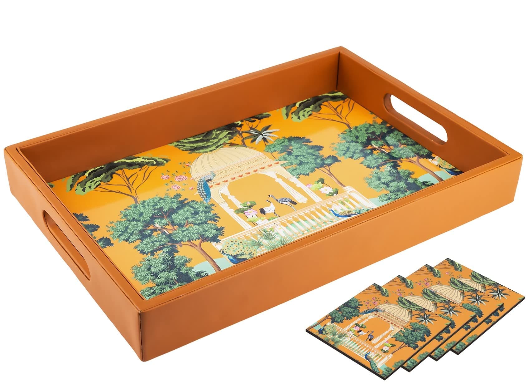 Wooden Tray For Serving-Free 4 Coasters-10 Inch X 15 Inch-Serving Tray-Tray Set For Decoration-Tea Trays-Big Coffee Tray-Premium Mdf Trey-Wooden Serving Trays-Resin Tray,Rectangular