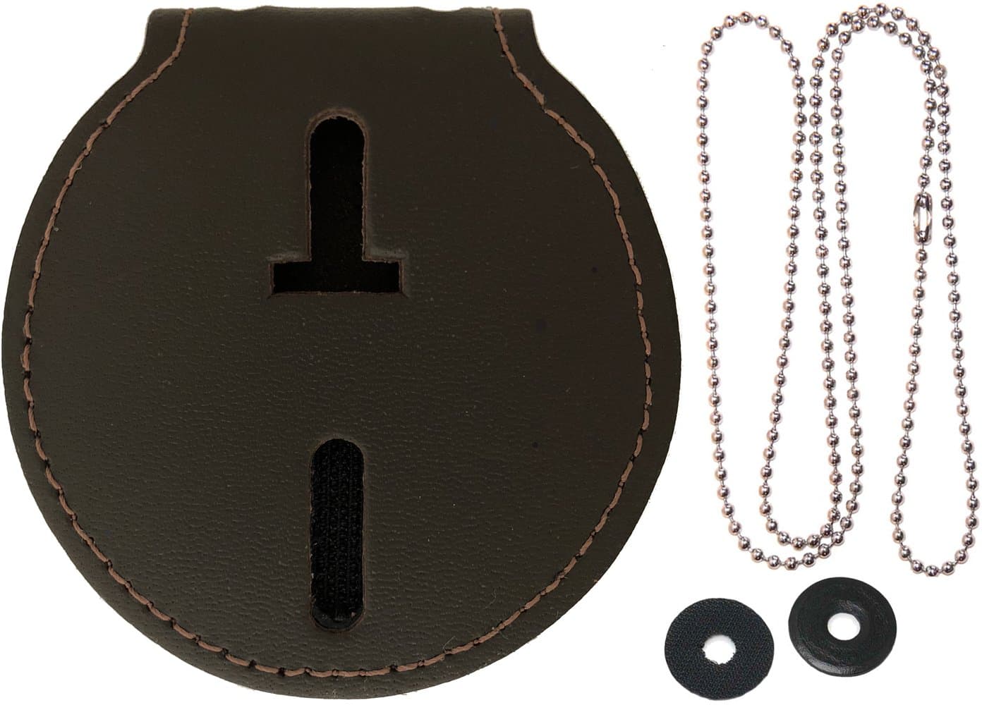 Round Police Badge Holder Belt Clip with Chain - Dark Brown Leather - Perfect Fit USA