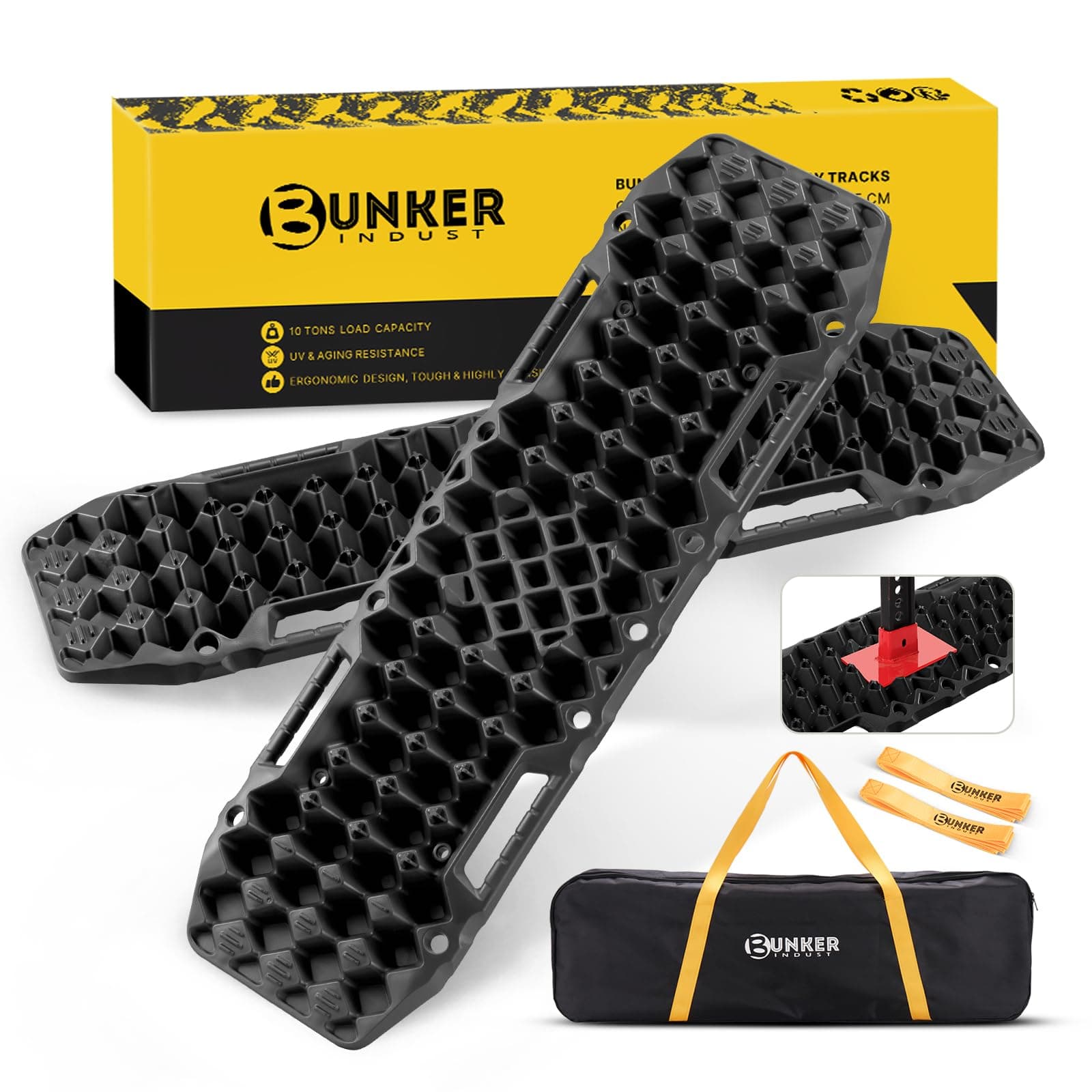 BUNKER INDUST Off-Road Traction Boards with Jack Base,Pair Recovery Tracks 4X4 Jeep Truck Tire Traction Mat with Bag-Sand,Mud, Snow Ladder Ramps(Black)