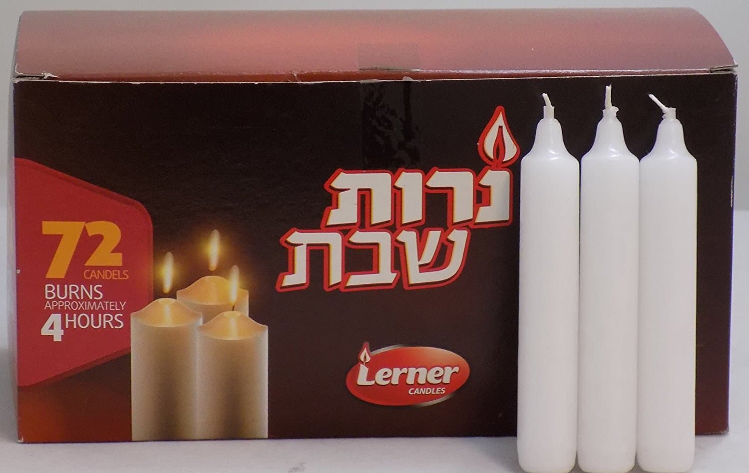 Lerner European Taper Candles Shabbat Over Dipped 4 Hour Candles 72 Count