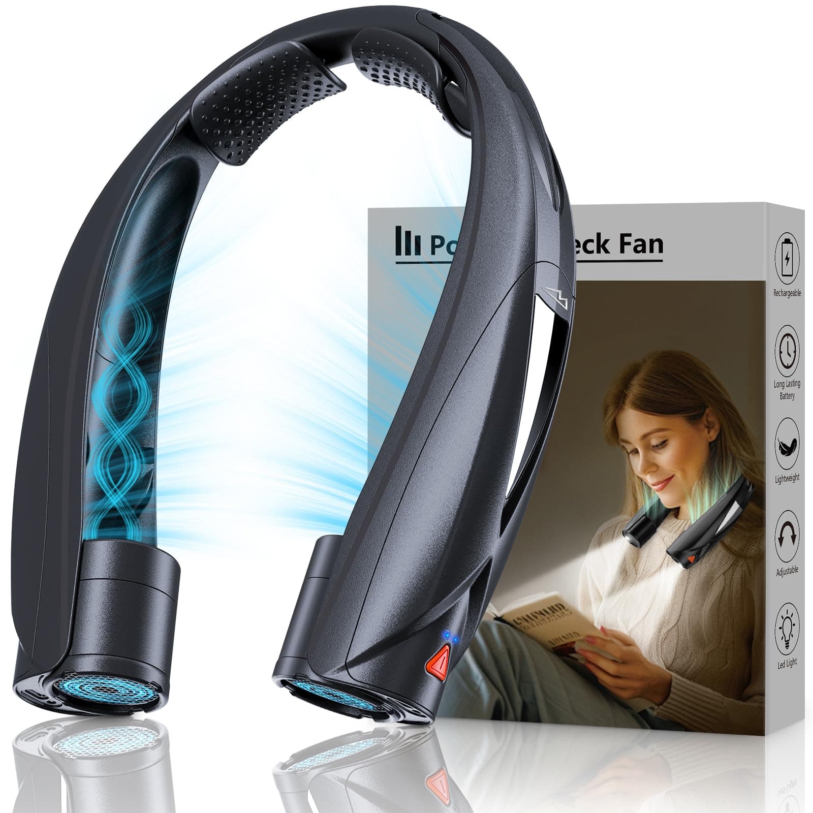 Neck Fan - Portable Neck Fan with LED Book Light, 6-20h Long Battery Life, 6 Speeds Adjustable, USB-C Rechargeable, Hands-Free Wearable Fan, Cooling Personal Fan Gifts for Men Women Dad Mom