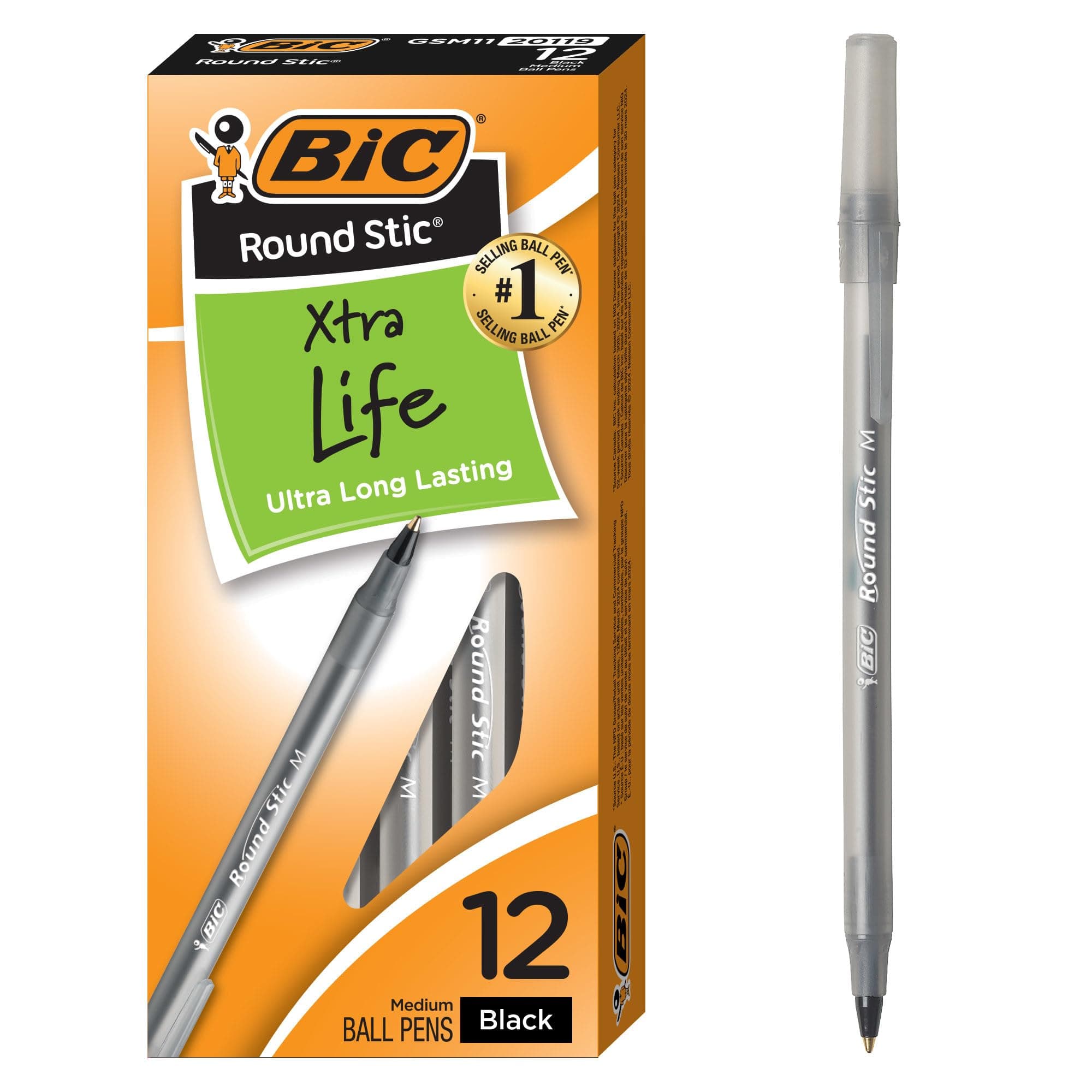 BIC Round Stic Xtra Life Ballpoint Pen, Medium Point (1.0mm), Black, 12-Count