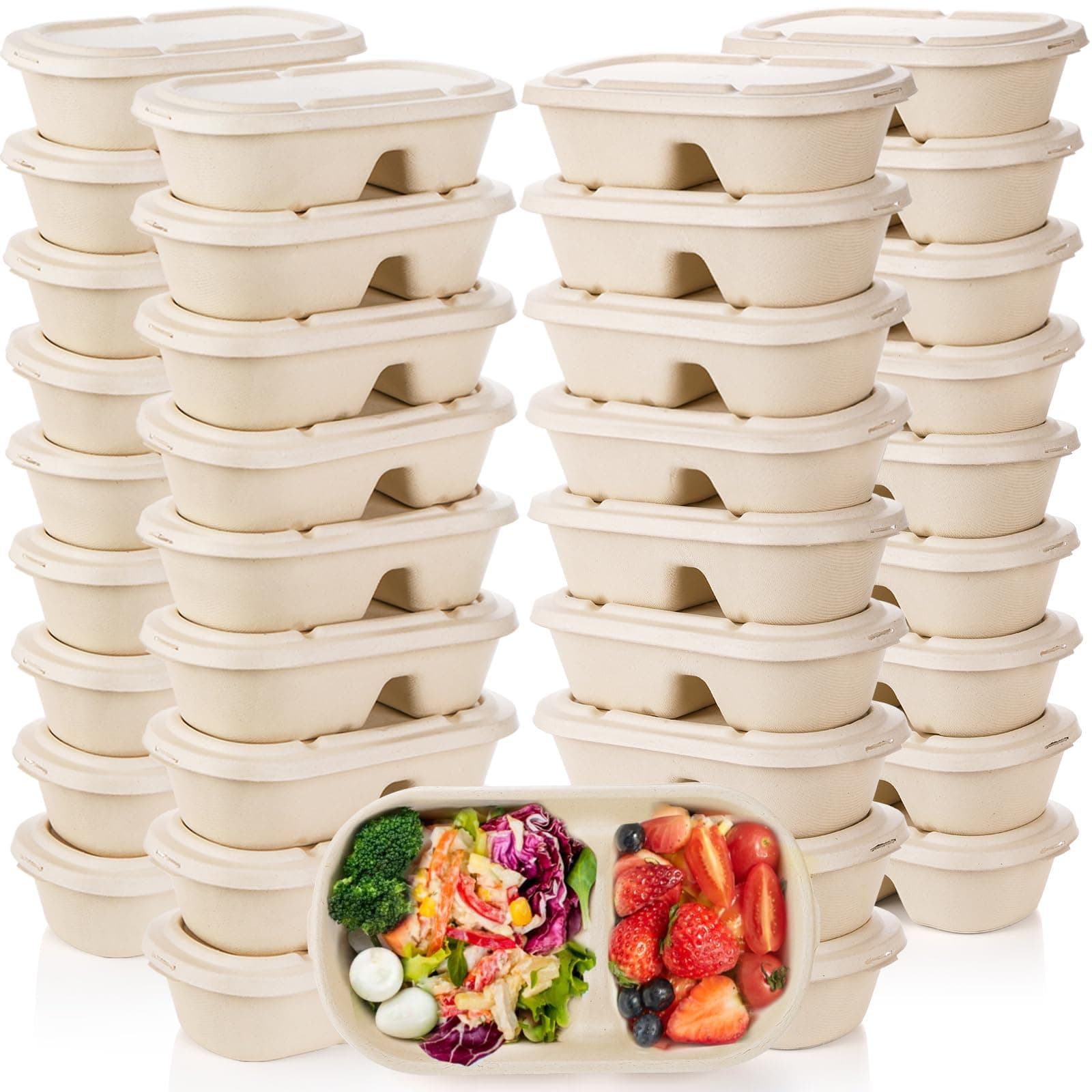 Yesland 50 Pcs Compostable Take Out Food Containers with Lid, 33 oz Bagasse to Go Container 2 Compartment Rectangular Disposable Paper Bowl, Meal Prep Food Container for Salad Leftovers