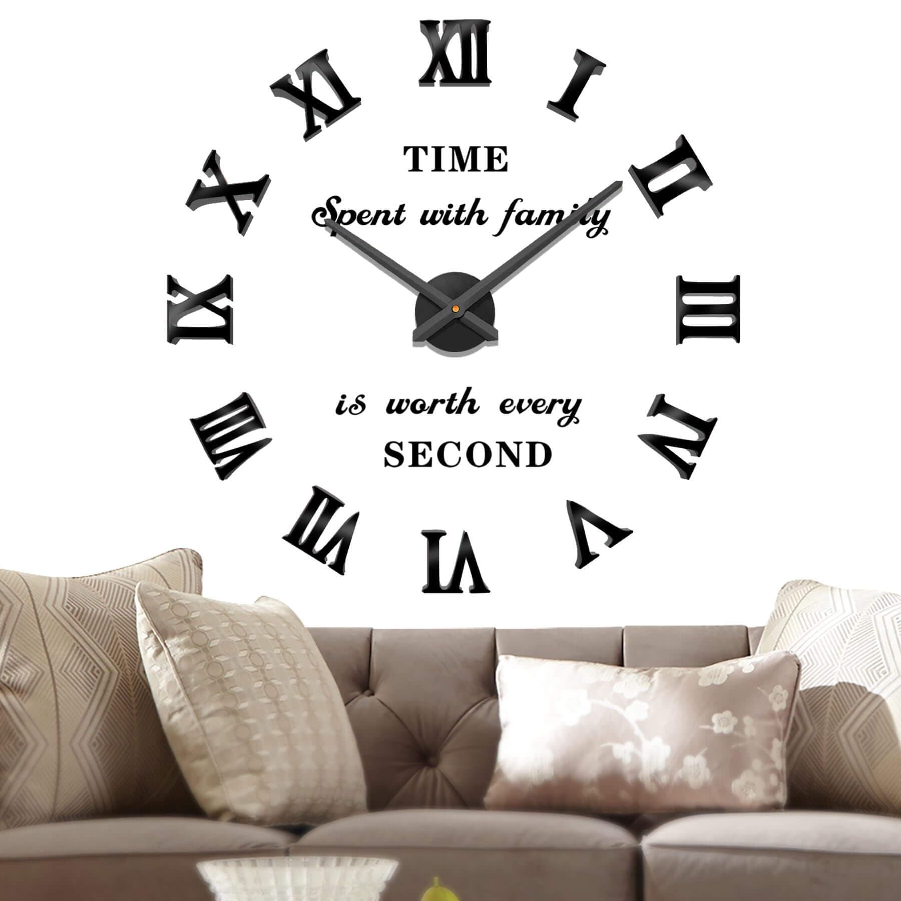 Vangold Large 3D DIY Wall Clock Roman Numerals Clock Frameless Mirror Surface Wall Sticker Home Decor for Living Room Bedroom (Black87)
