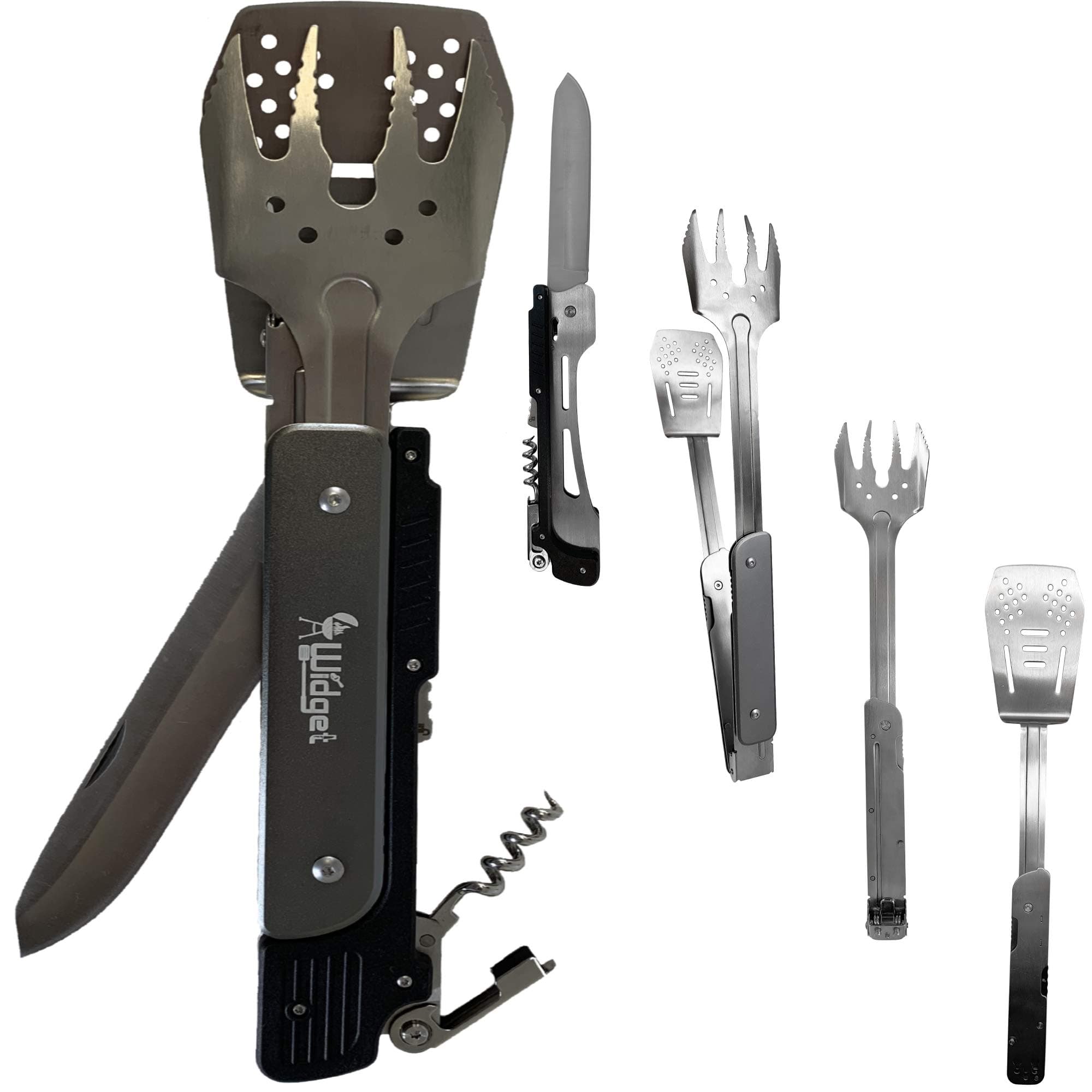 W4W BBQ Camping Utensils Travel Set - 6 in 1 Camping Cooking Gear - Portable Barbecue cookware Includes Knife, Tongs, Spatula, Grill Fork, Bottle Opener, Corkscrew