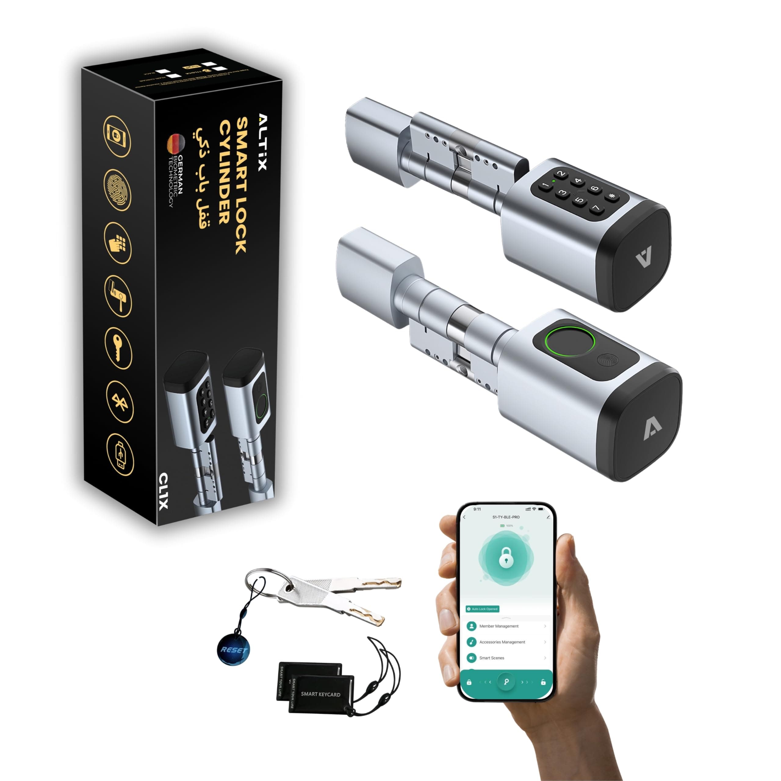 CL1X TUYA Smart Door Lock Keyless | Fingerprint & Passcode | Bluetooth | Keycard & Key | DIY Install | Suitable for Home, Office | Highly Secure | Adjustable Length 60-90mm | Pearl Chrome NEW