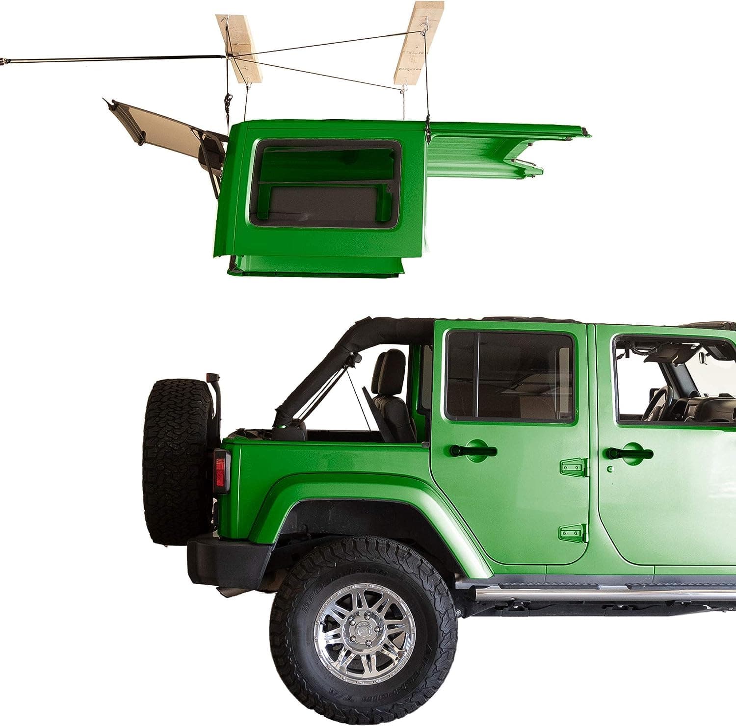 Hardtop Overhead Garage Storage Hoist for Jeep Wrangler and Ford Bronco, Self-Leveling, Safe Anti-Drop System, Easy One-Person Operation, Garage Organization