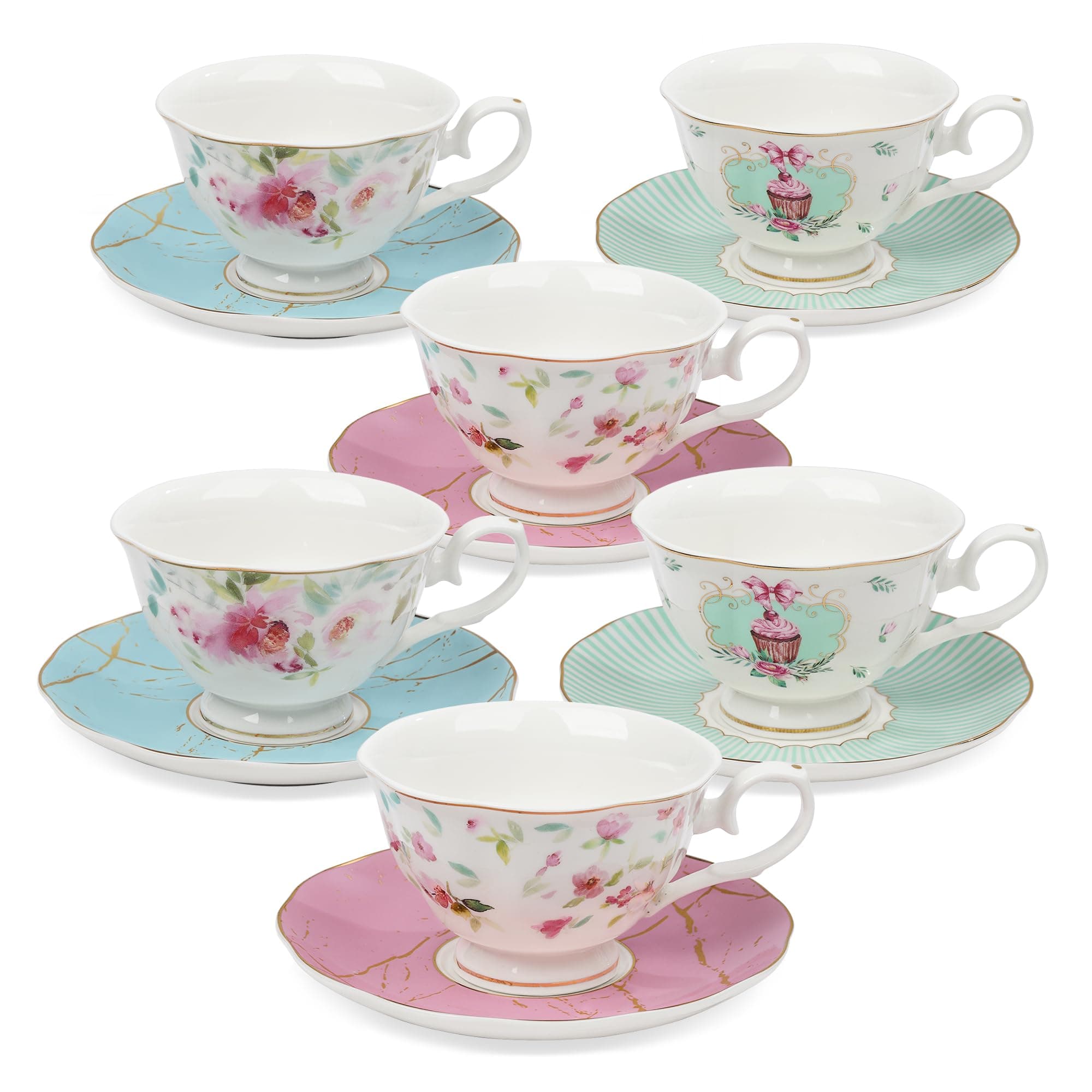 fanquare Rose Tea Cup and Saucer Set for 6, British Tea Cups Set for Gift, Multi-Color Flowers Porcelain Tea Service