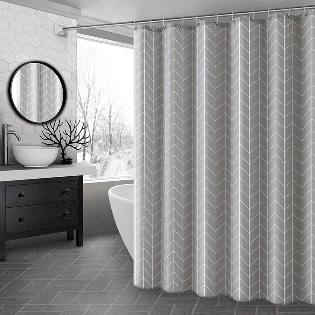Shower Curtain Polyester Fabric Bathroom Curtains Mould proof Water Resistant Shower Curtains with Plastic Curtain Rings and Heavy Weighted Hem, 180x180cm(Grey Stripe)