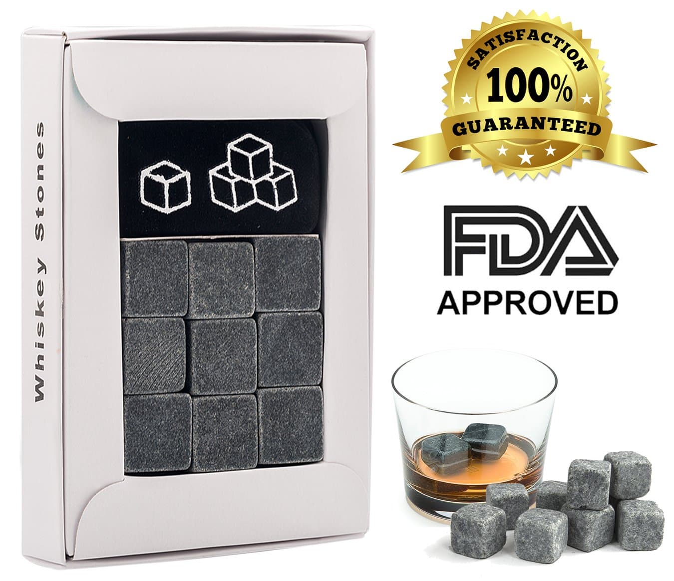 Terrax Whiskey Sipping Stones - Set of 9 Grey Scotch Chilling Rocks in Gift Box with Velvet Pouch - 100% Pure Soapstone Cubes